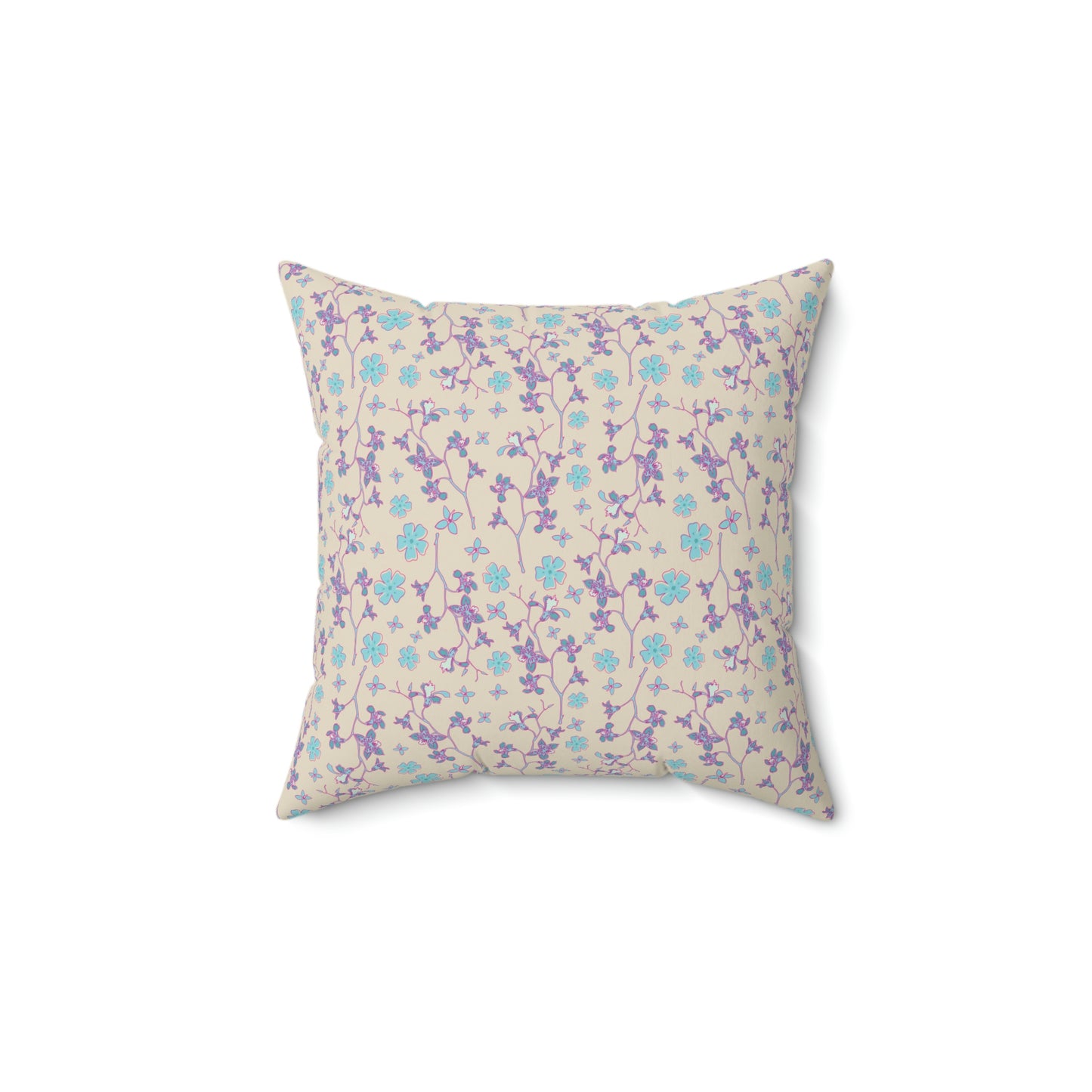 Spun Polyester Square Pillow - Tropical Floral Print - Pink and Teal Flowers and Branches -