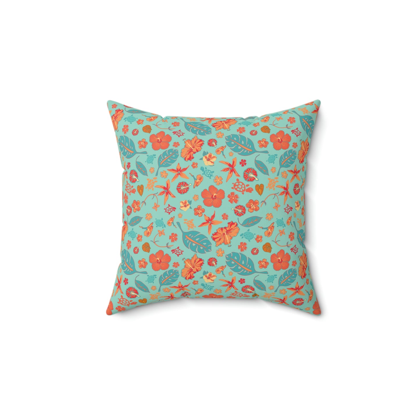 Spun Polyester Square Pillow - Tropical Floral Print - Flowers and Turtles -