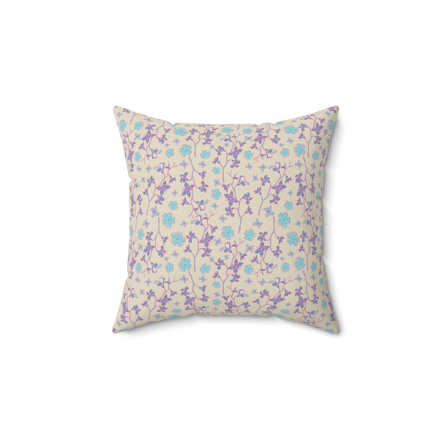Spun Polyester Square Pillow - Tropical Floral Print - Pink and Teal Flowers and Branches -