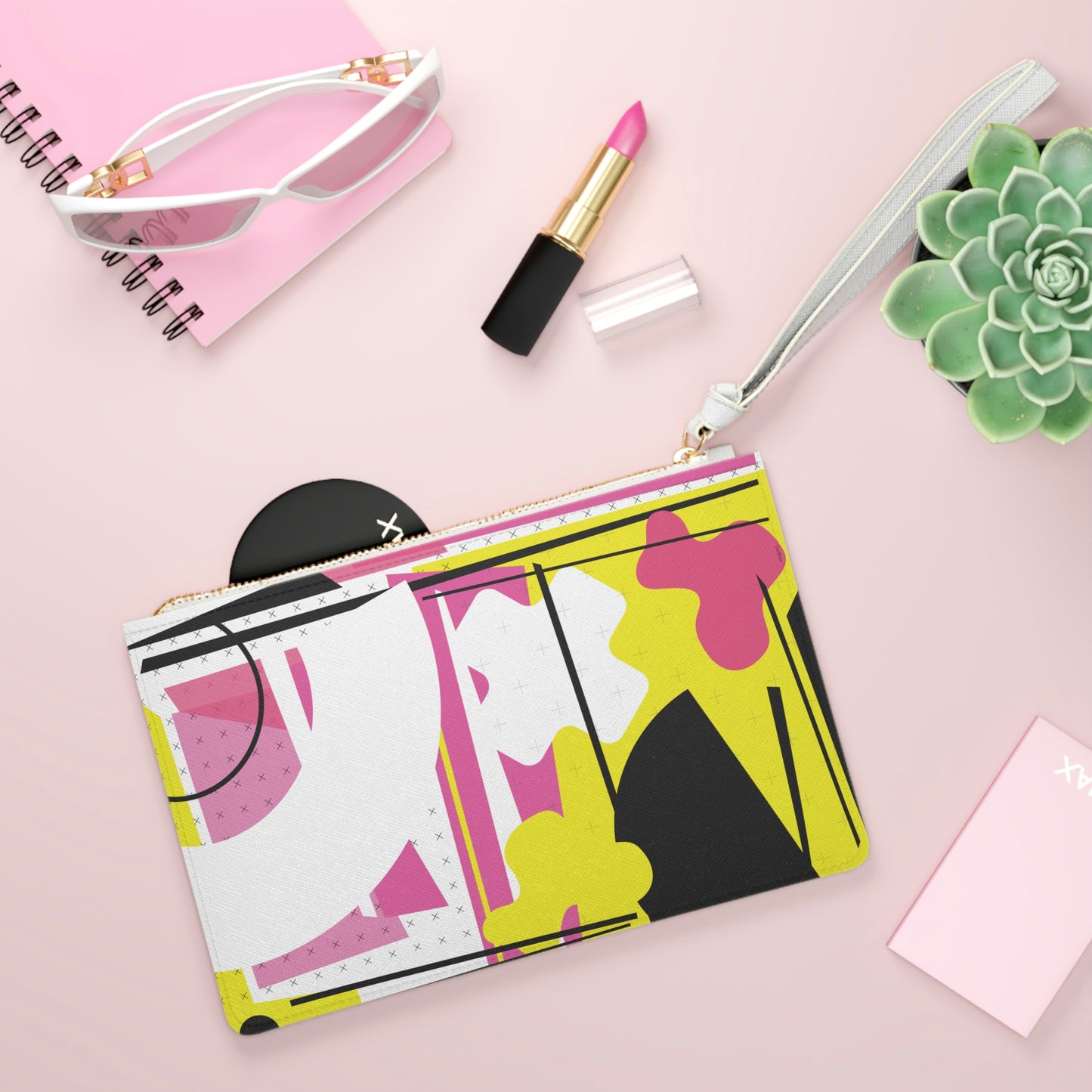 Clutch Bag 1980 Retro Abstract Graphic Art - Pink Yellow Black -