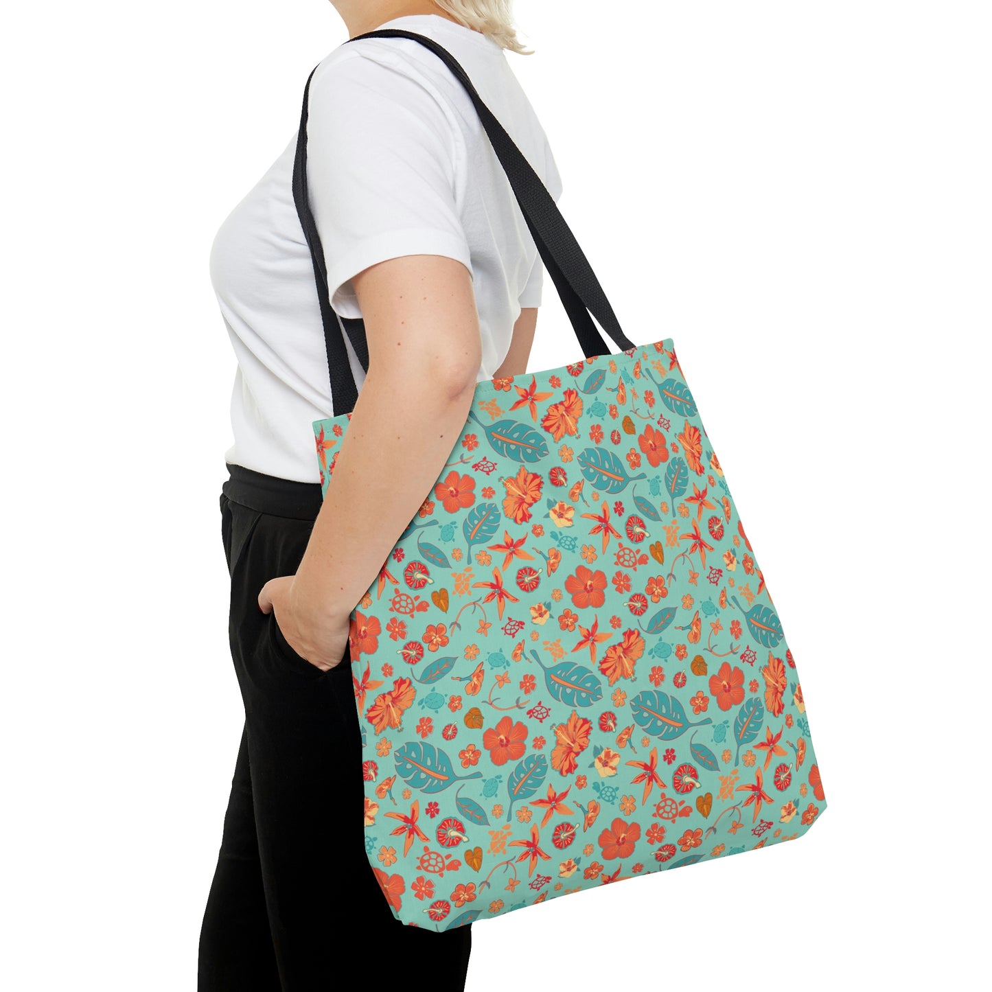 Teal and Orange Flowers Starfish and Leaves Tote Bag