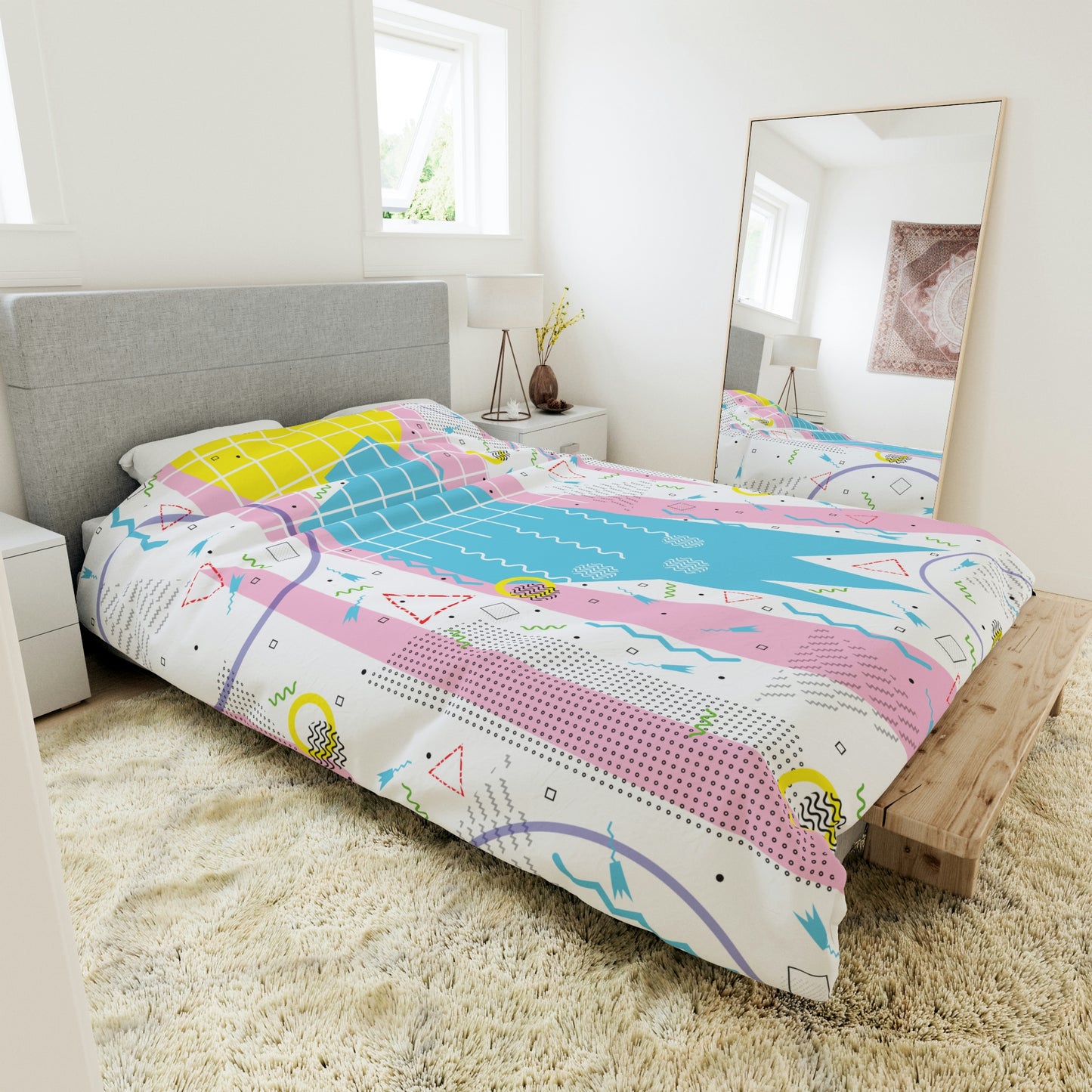 1980s Retro Graphic Art Abstract - Gridded Curves - Duvet Cover