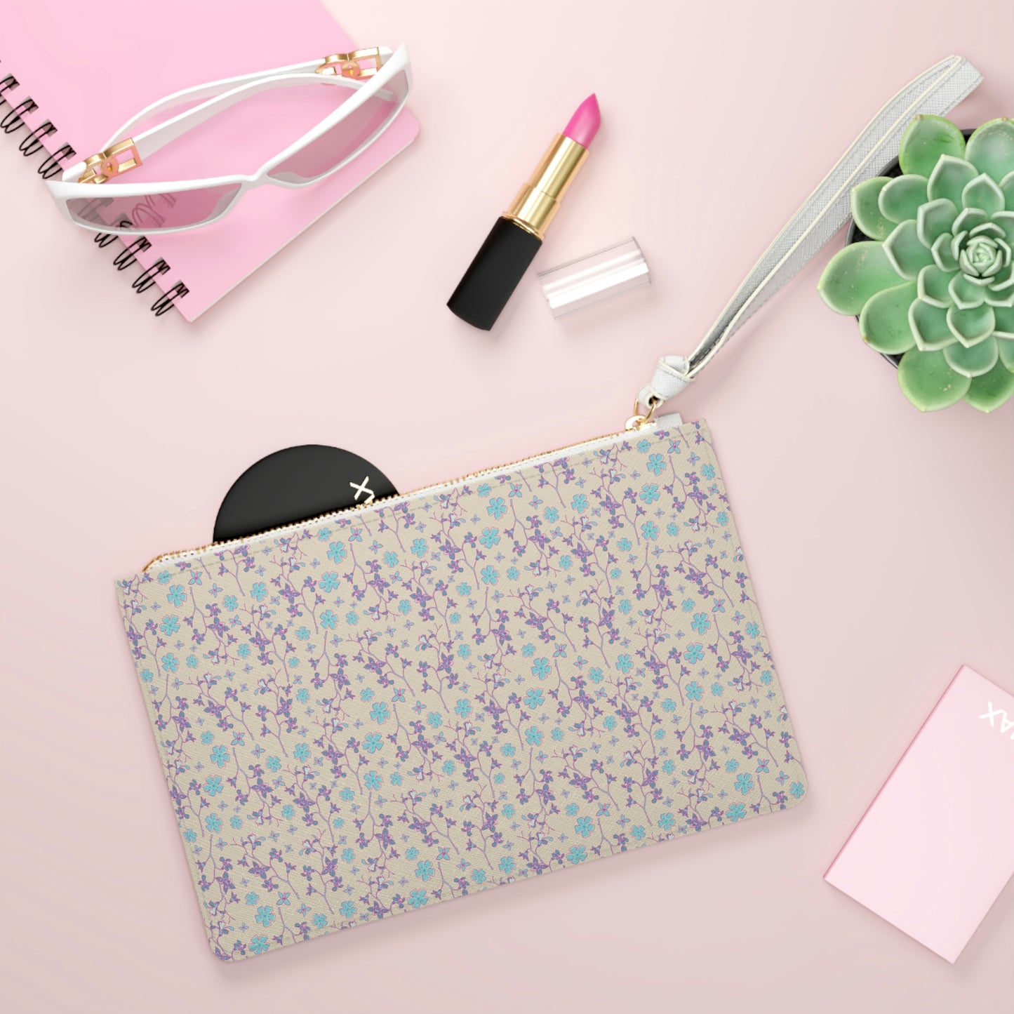 Clutch Bag Tropical Floral Print -Pink and Teal Branches and Flowers