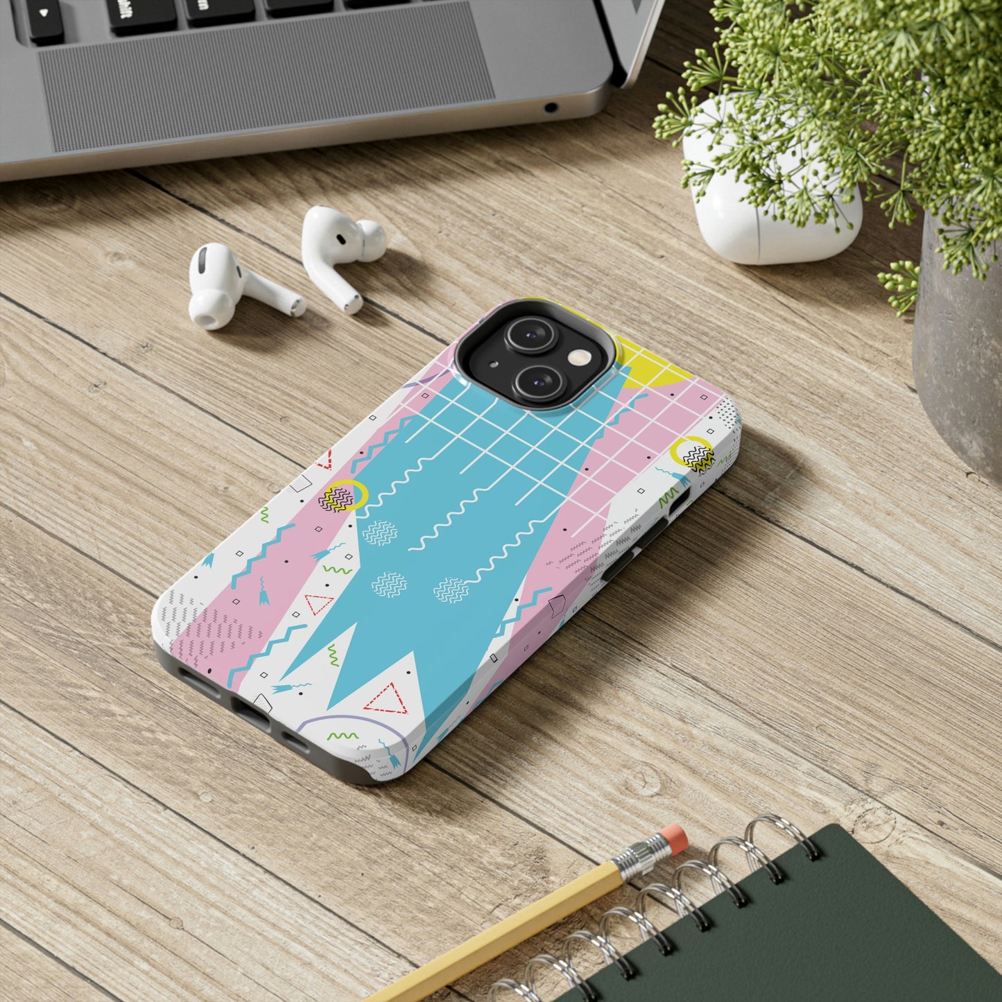 Tough Phone Cases, Case-Mate -80s Retro Abstract Graphic Art - Gridded Pink Blue -