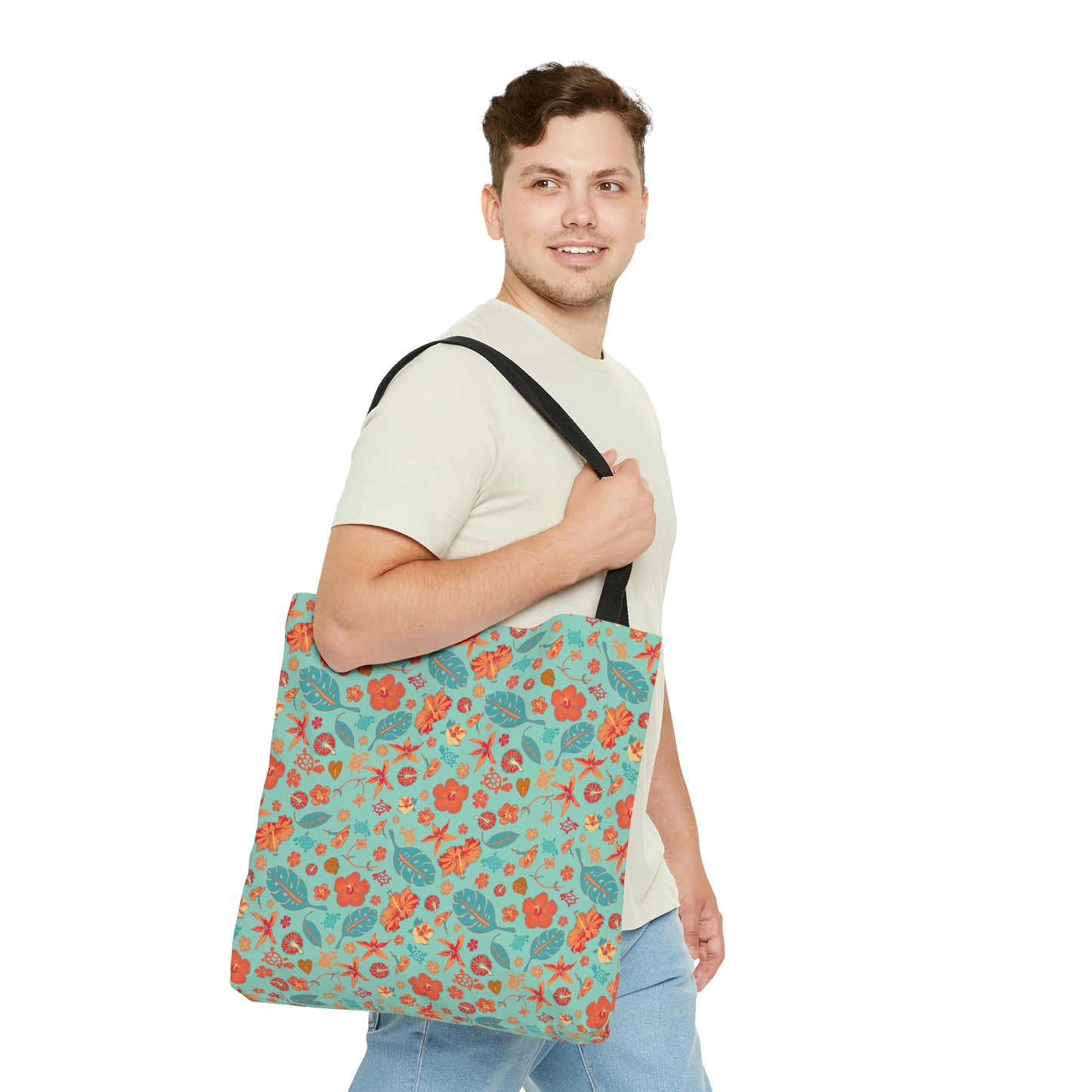Teal and Orange Flowers Starfish and Leaves Tote Bag