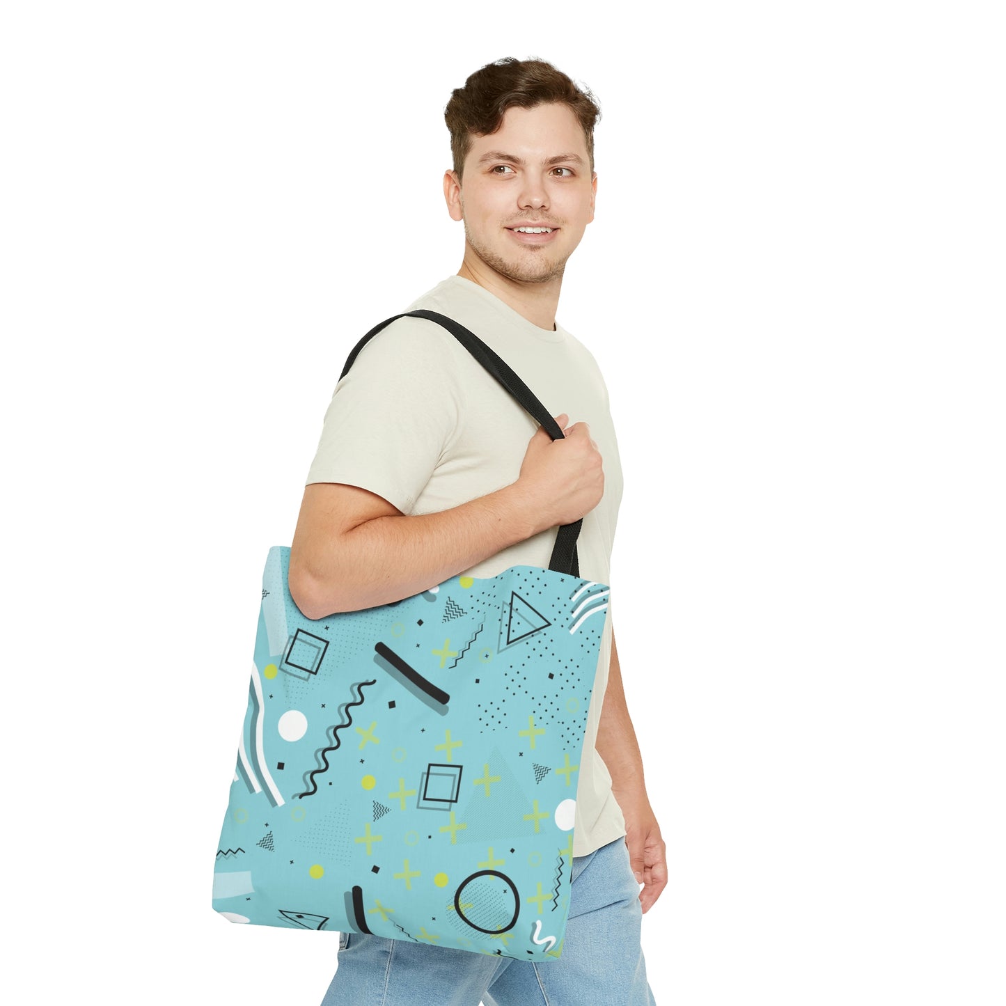 Tote Bag (AOP) 1980 Retro Abstract Graphic Art - Blue Yellow Plus