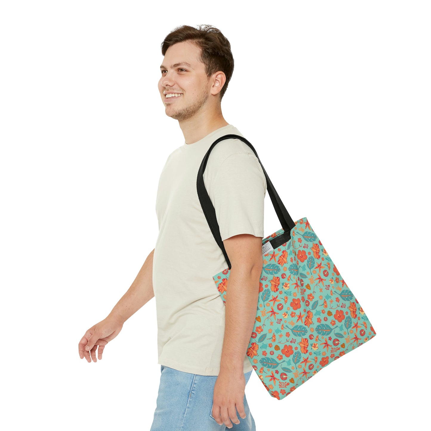 Teal and Orange Flowers Starfish and Leaves Tote Bag