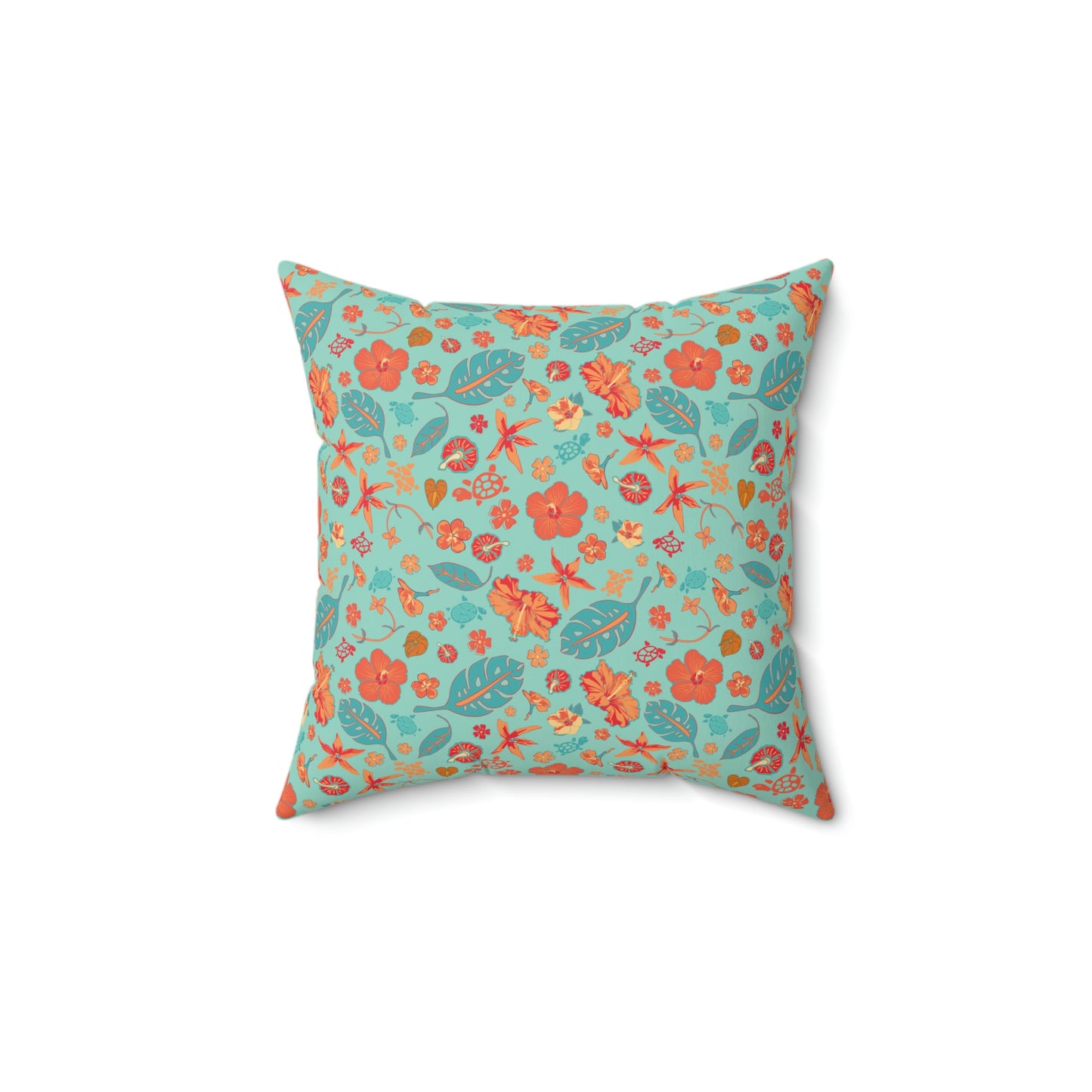 Spun Polyester Square Pillow - Tropical Floral Print - Flowers and Turtles -