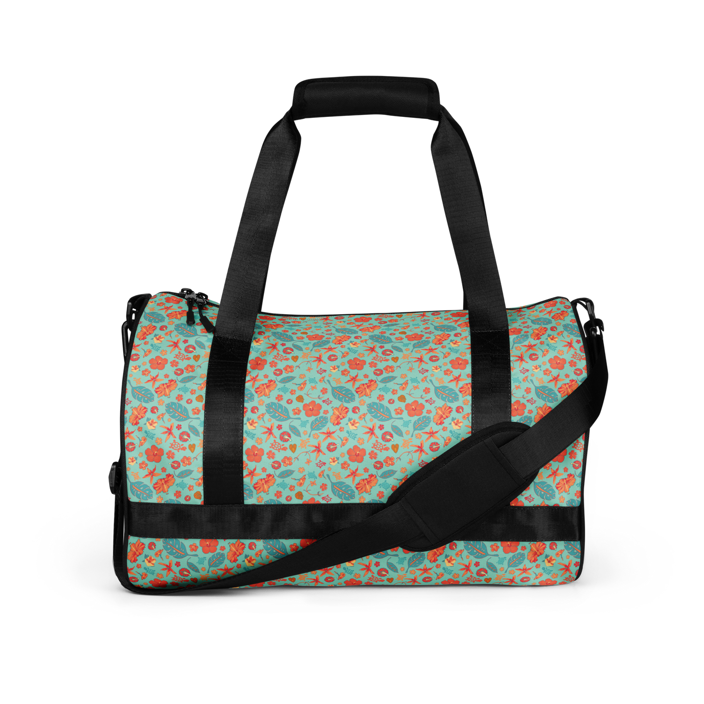 Teal and Orange Flowers and Turtles Printed Duffel Bag