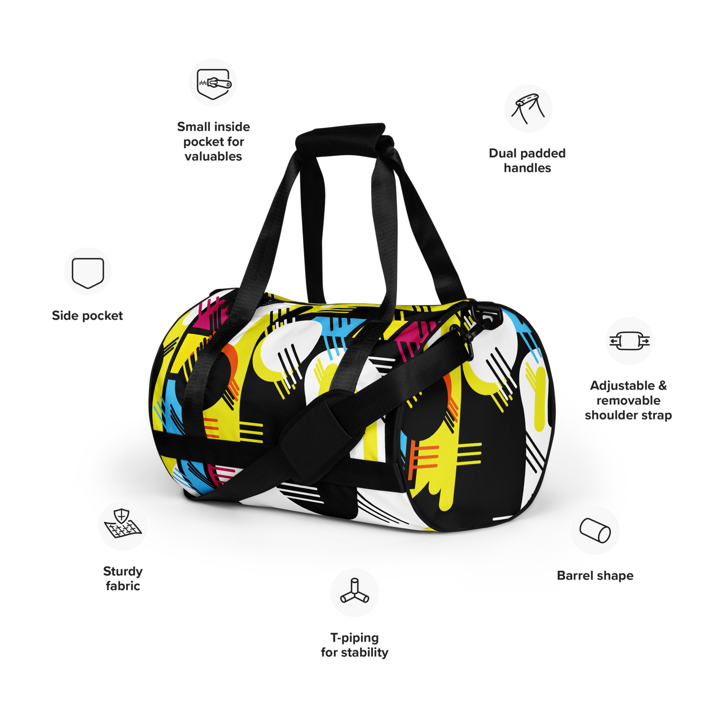 Retro 1980s Geometric Abstract All-Over Printed Gym Travel Duffel Bag
