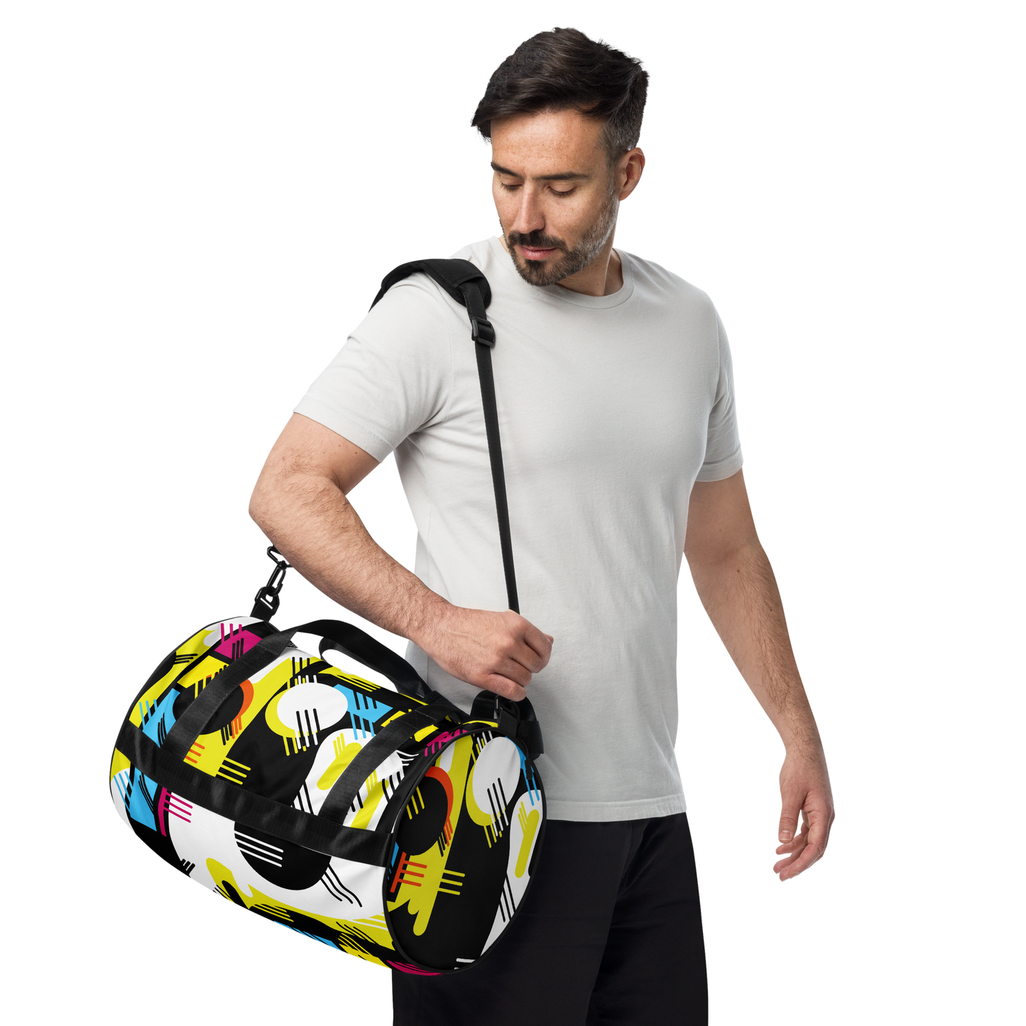 Retro 1980s Geometric Abstract All-Over Printed Gym Travel Duffel Bag