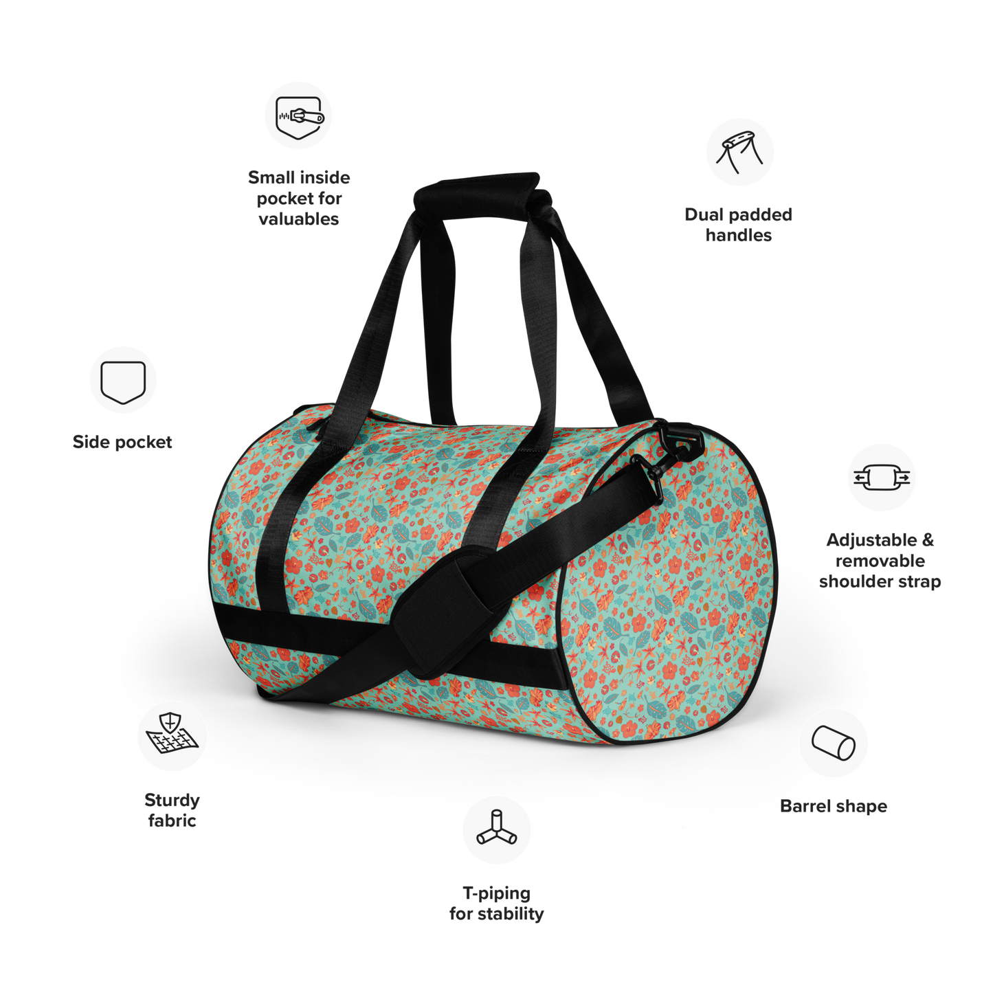 Teal and Orange Flowers and Turtles Printed Duffel Bag