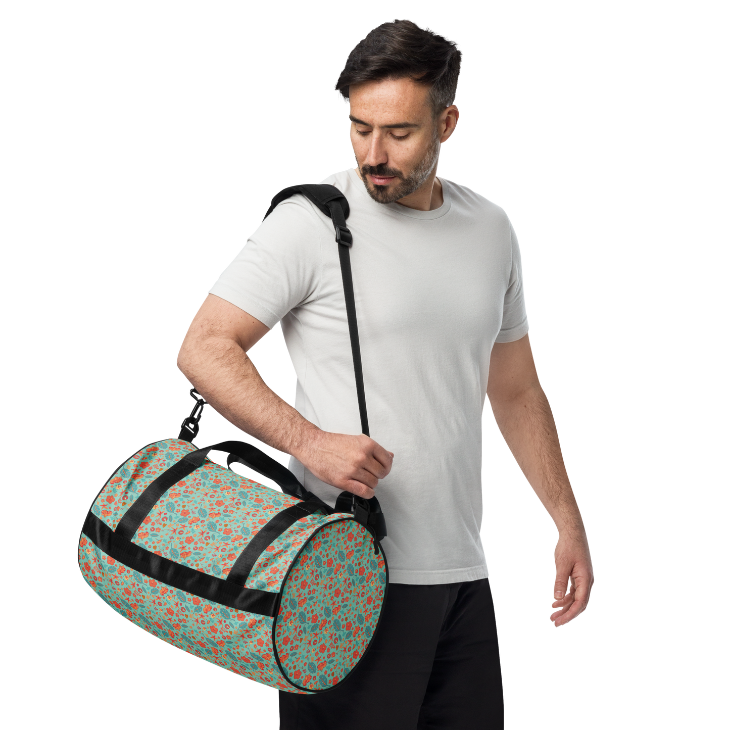 Teal and Orange Flowers and Turtles Printed Duffel Bag