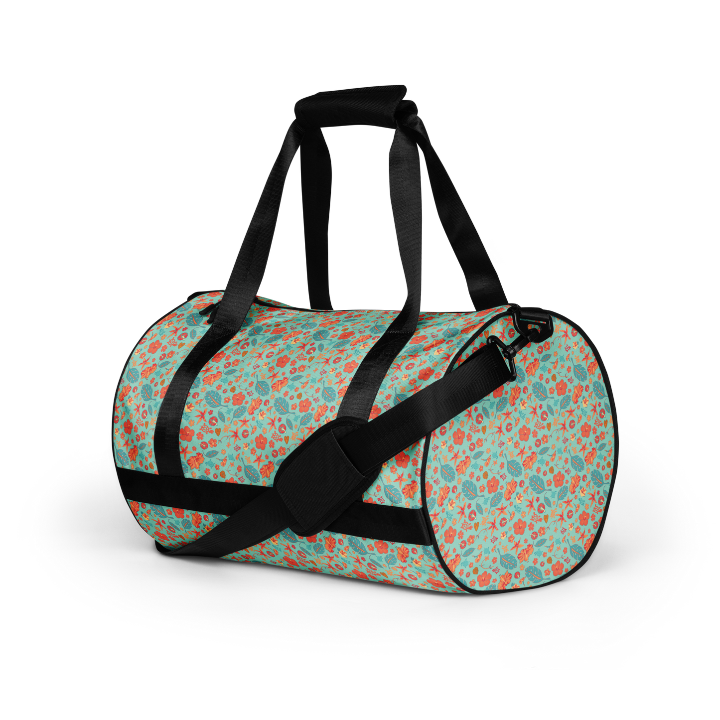 Teal and Orange Flowers and Turtles Printed Duffel Bag