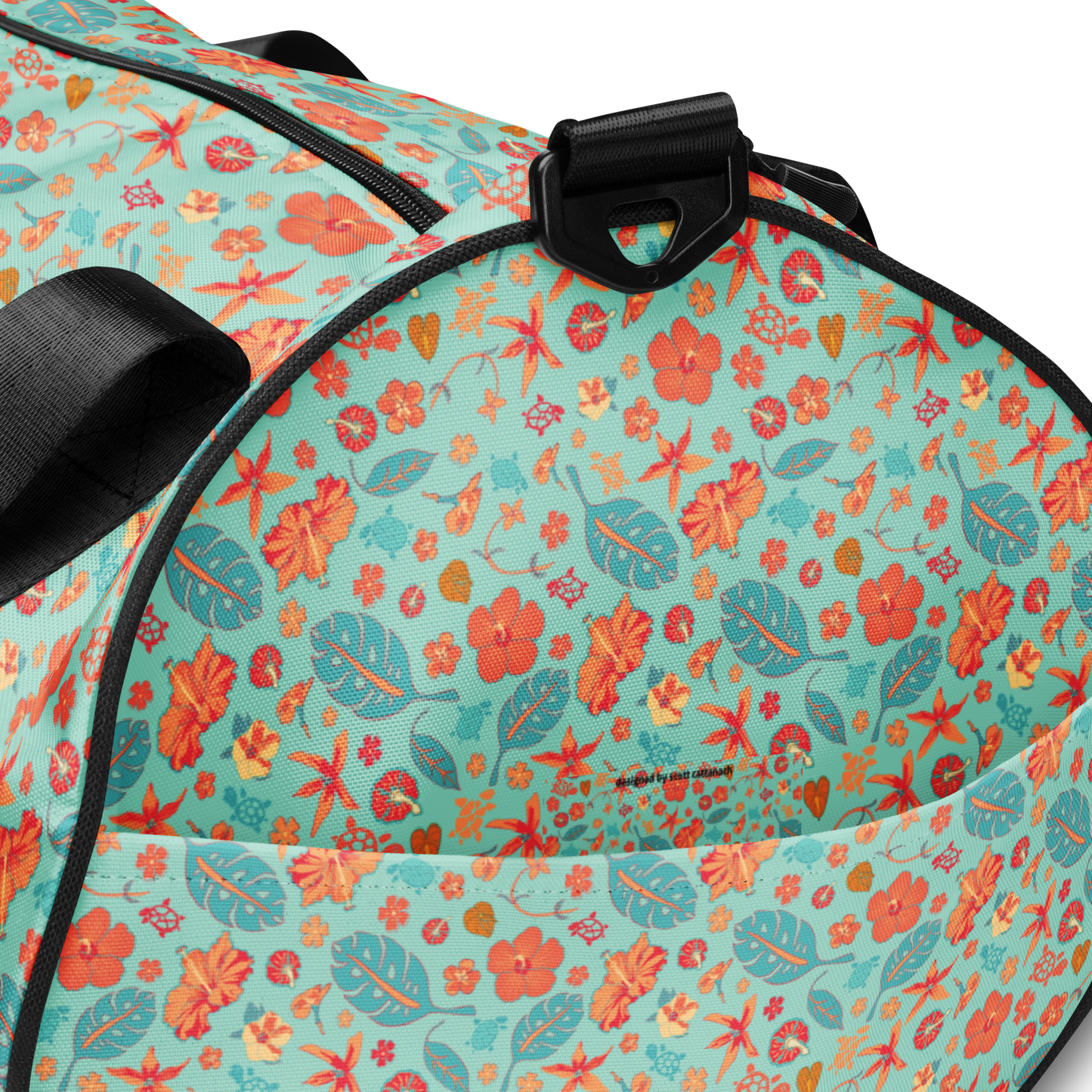 Teal and Orange Flowers and Turtles Printed Duffel Bag