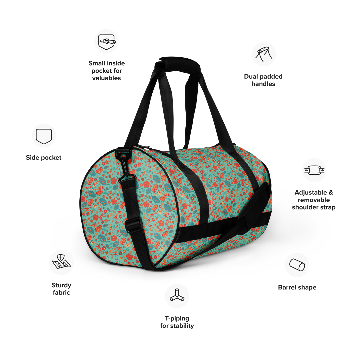 Teal and Orange Flowers and Turtles Printed Duffel Bag