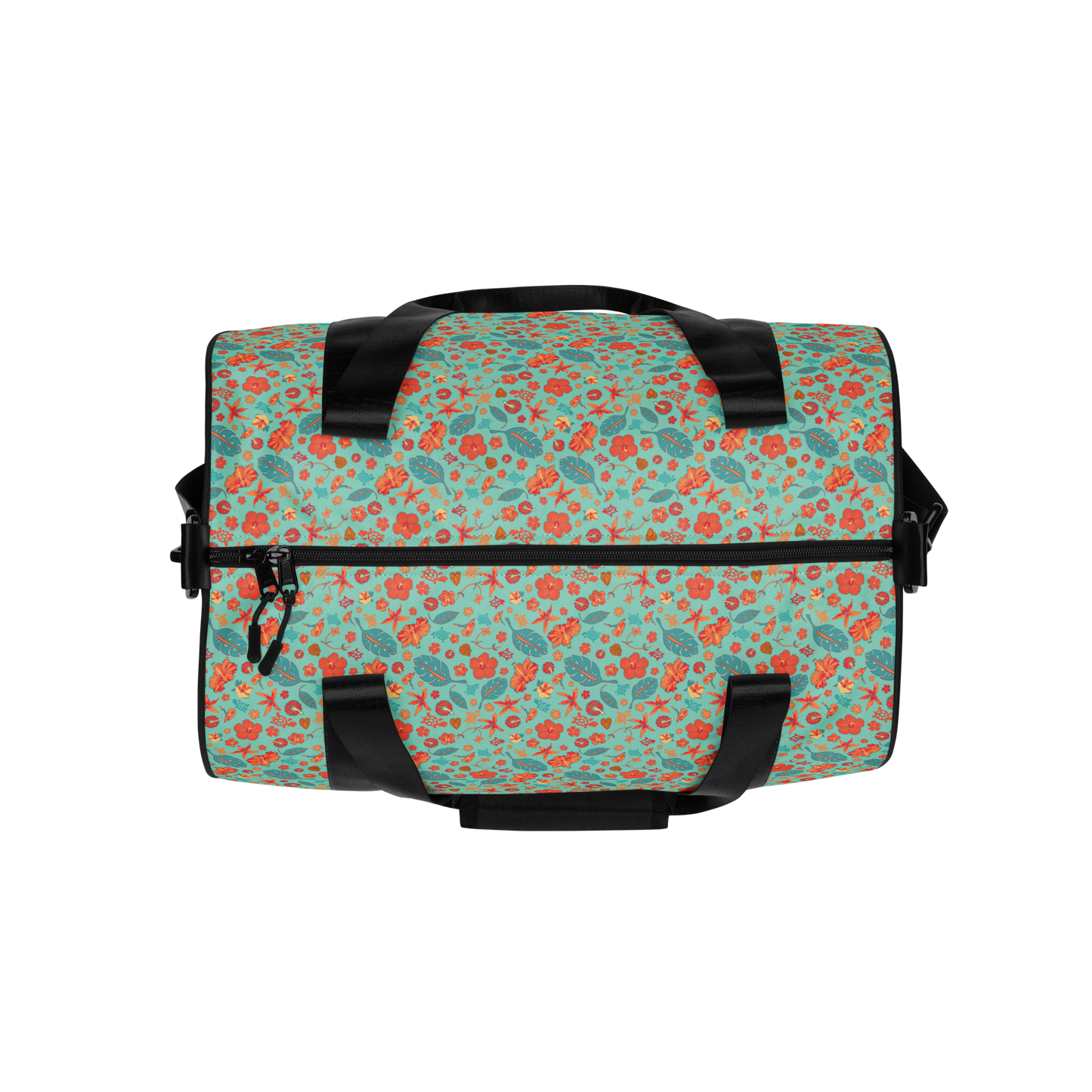 Teal and Orange Flowers and Turtles Printed Duffel Bag