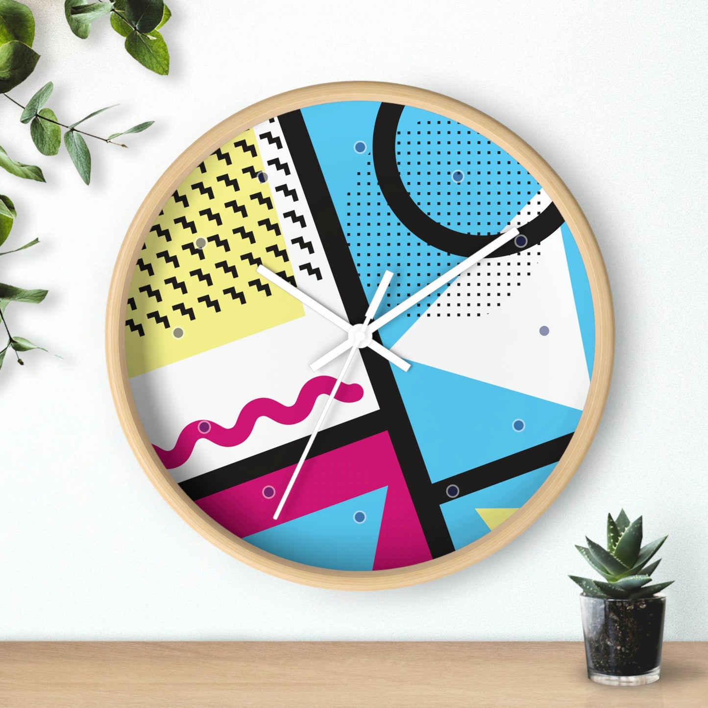 Retro 1980s Abstract Design - Bright Blue and Pink Wall Clock