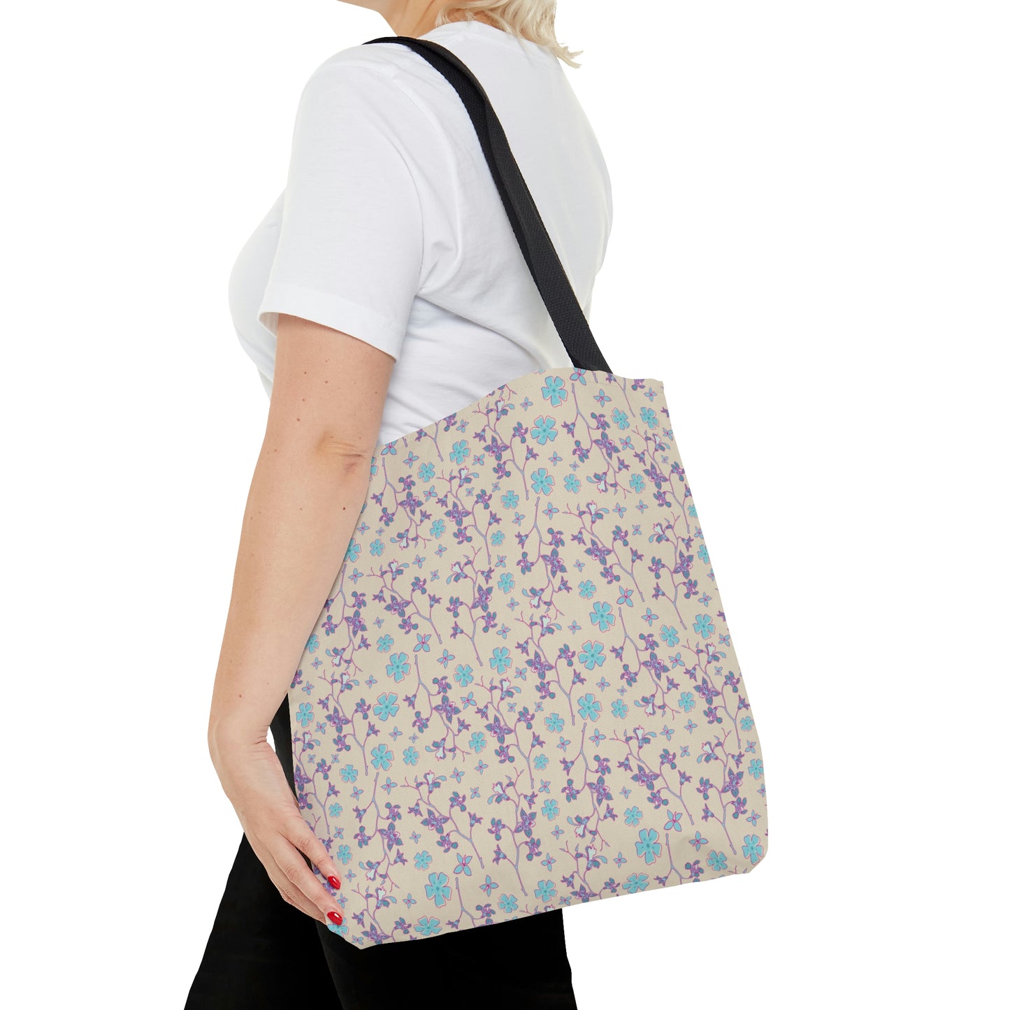 Floral Print Pink and Teal Flowers and Branches Tote Bag