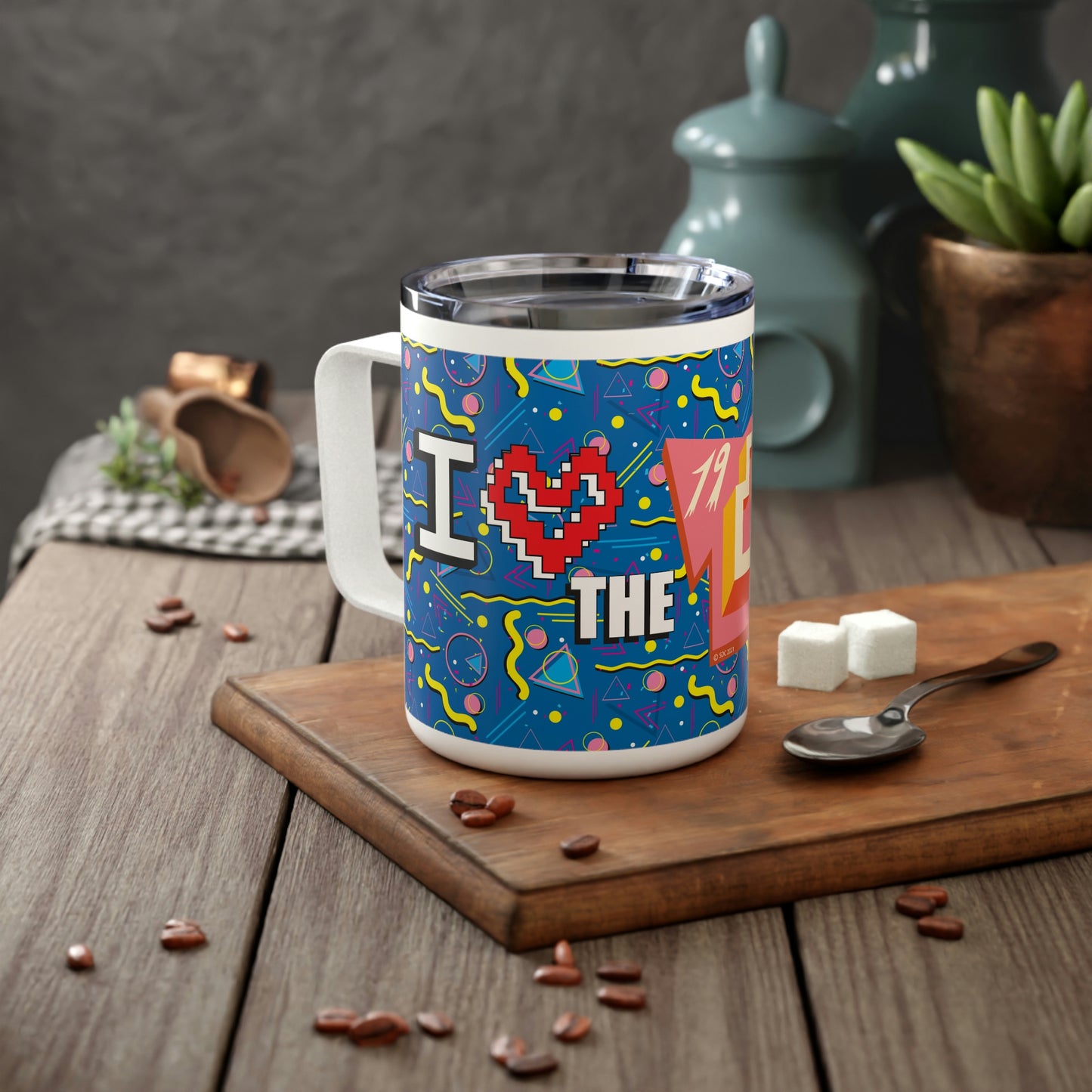 I Heart the 1980s Abstract Graphic Art Muscle Pants Design Insulated Coffee Mug, 10oz