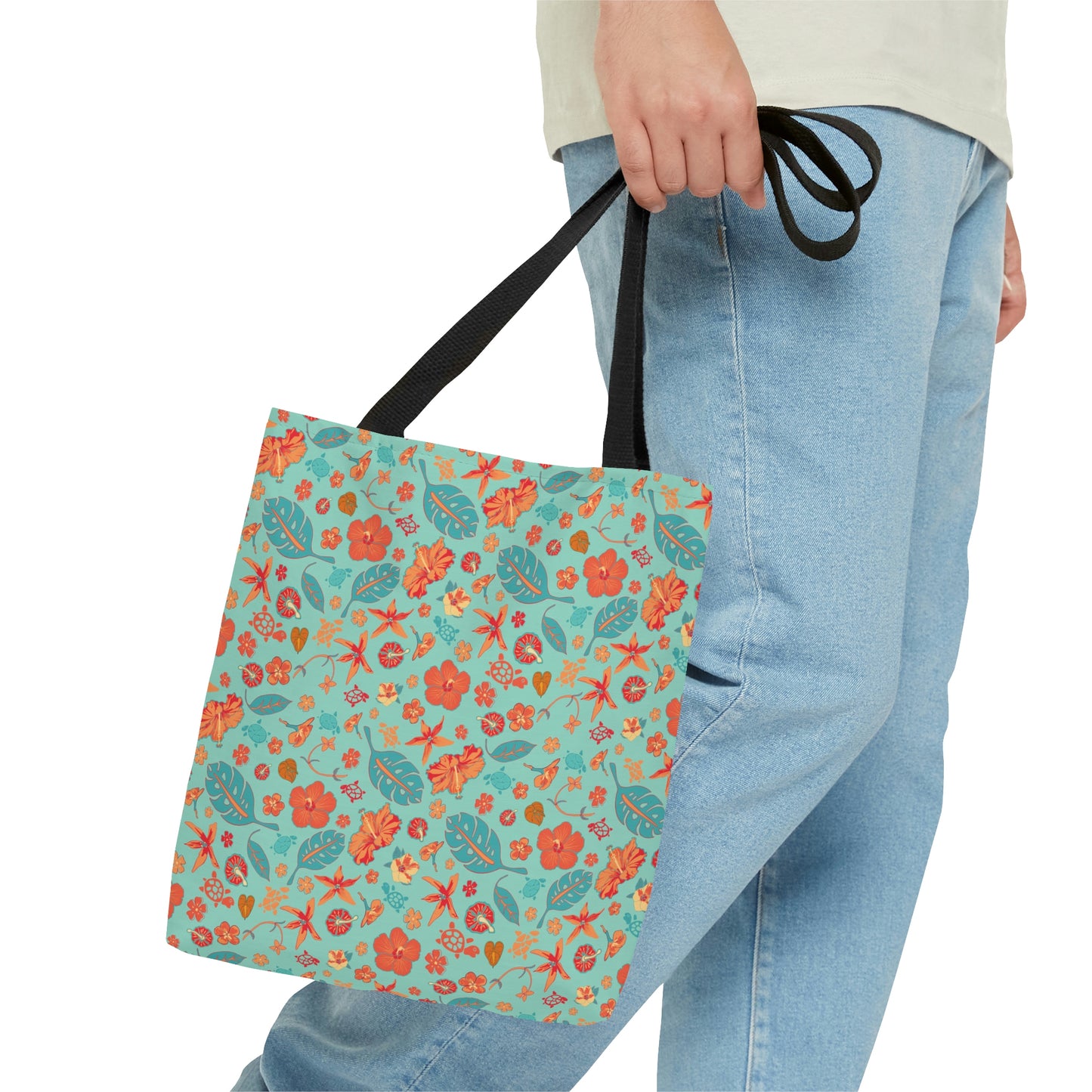 Teal and Orange Flowers Starfish and Leaves Tote Bag