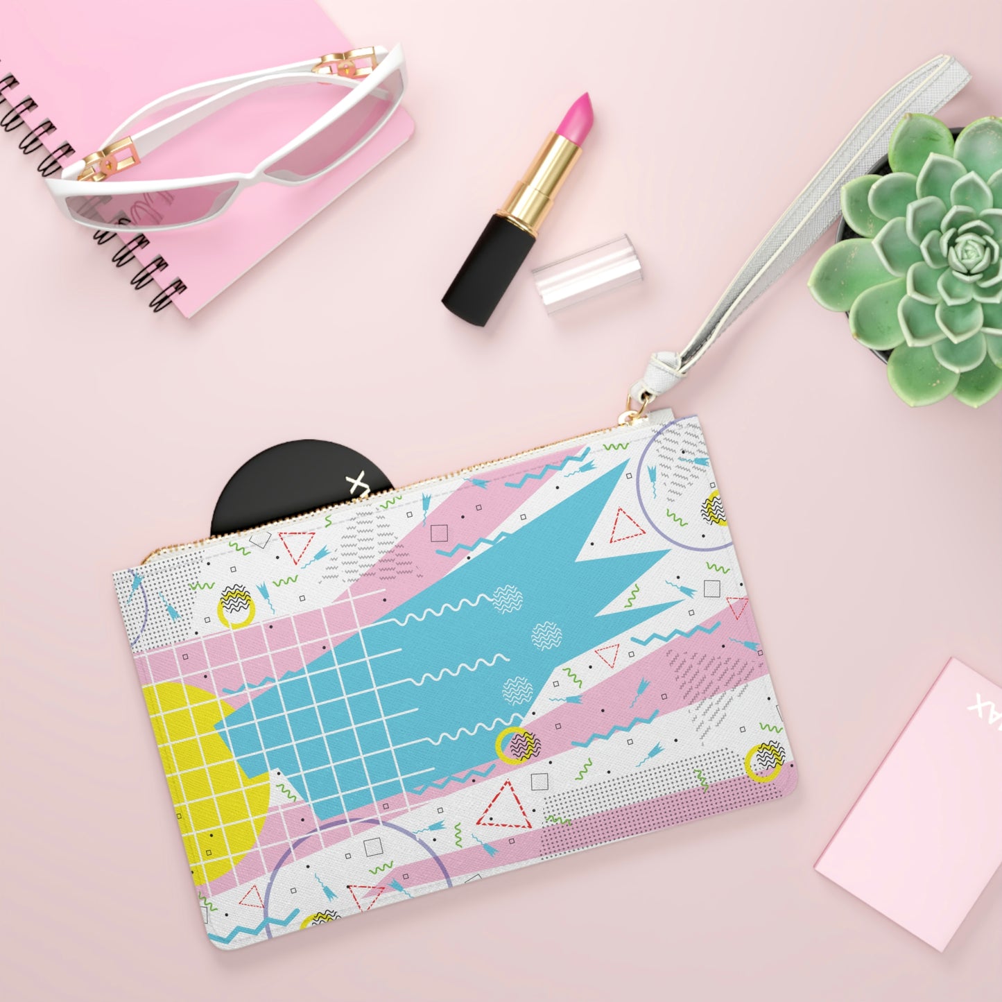 Clutch Bag 1980 Retro Abstract Graphic Art - Gridded Pink Blue -