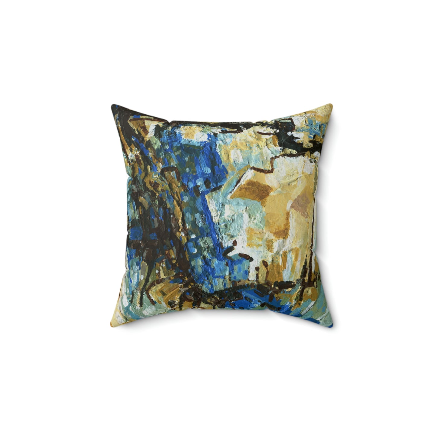 Spun Polyester Square Pillow - Blue and Brown Acrylic Abstract Design