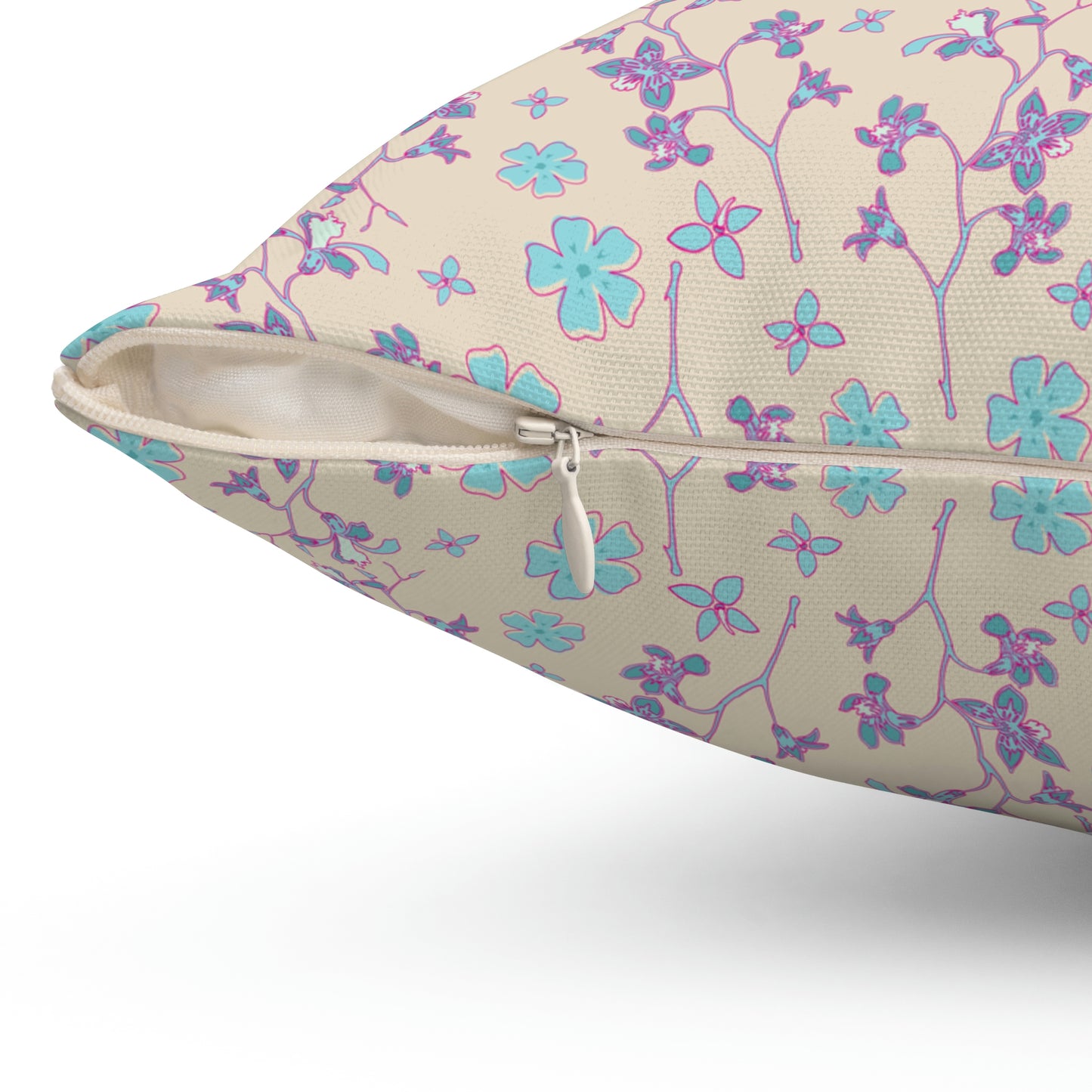 Spun Polyester Square Pillow - Tropical Floral Print - Pink and Teal Flowers and Branches -