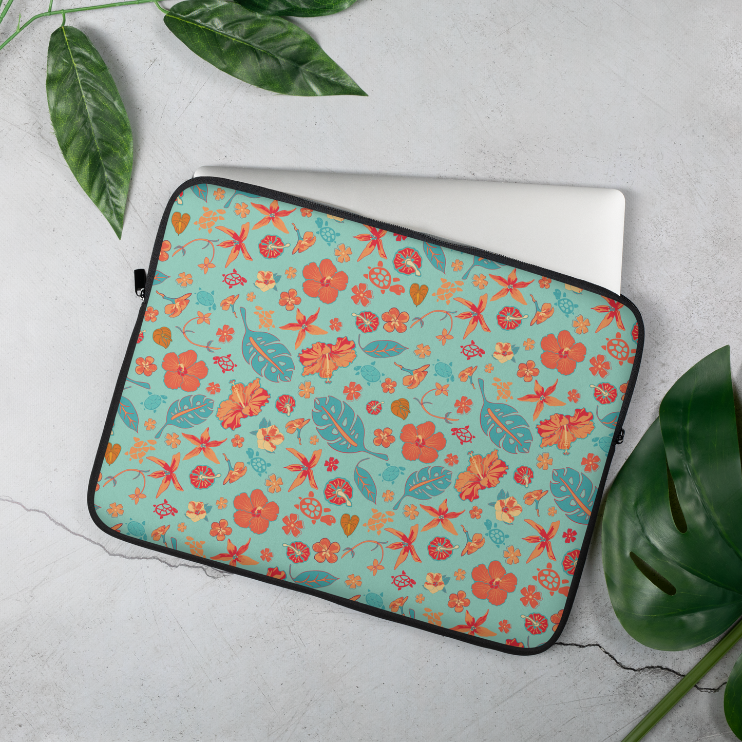 Teal and Orange Flowers and Turtles Laptop Sleeve