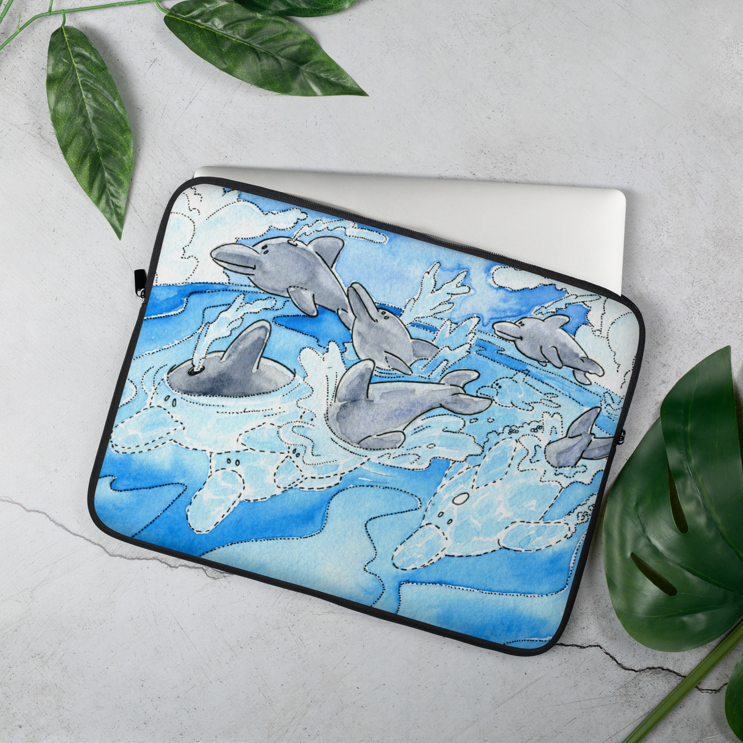 Pod of Dolphins - Whimsical Watercolor Artwork - Laptop Sleeve