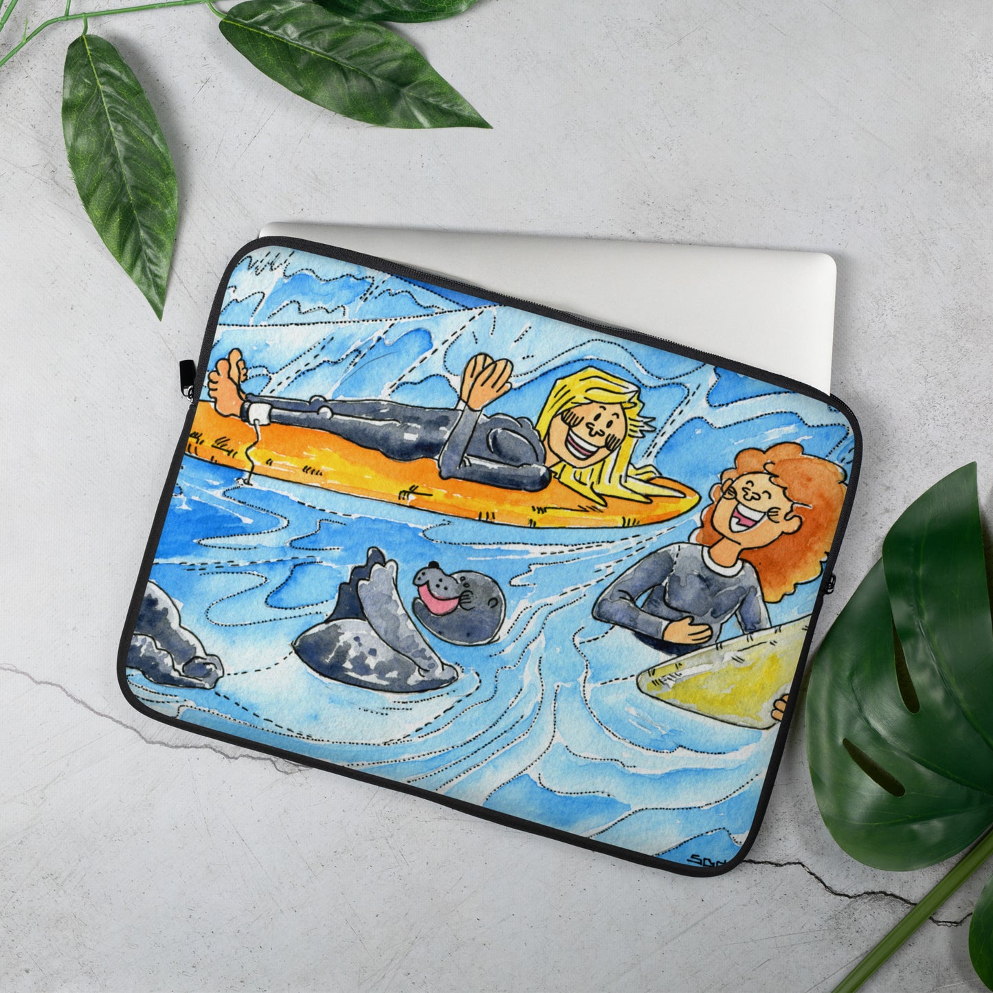 Children Surfing Watercolor Style Laptop Sleeve