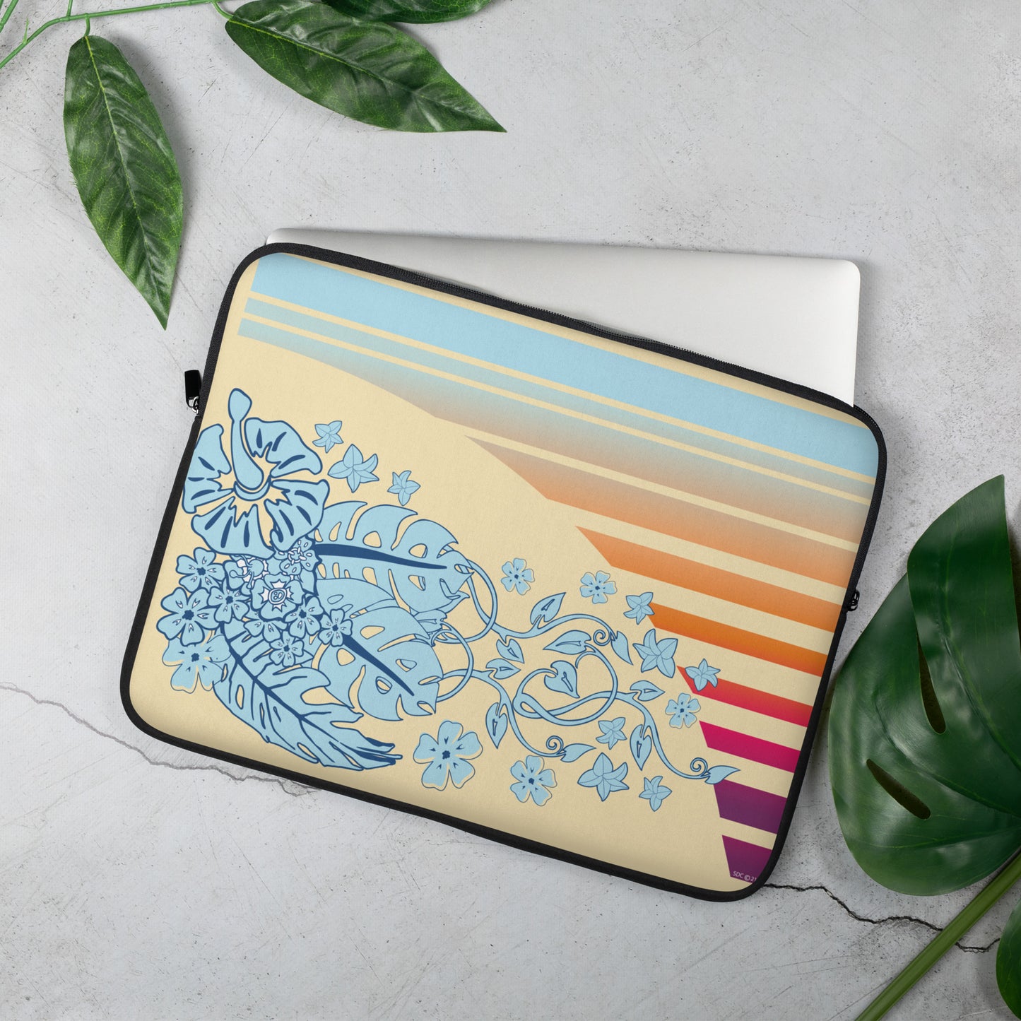 1980s Retro Surf Graphic - Tropical Flowers and Linear Sunset - Laptop Sleeve