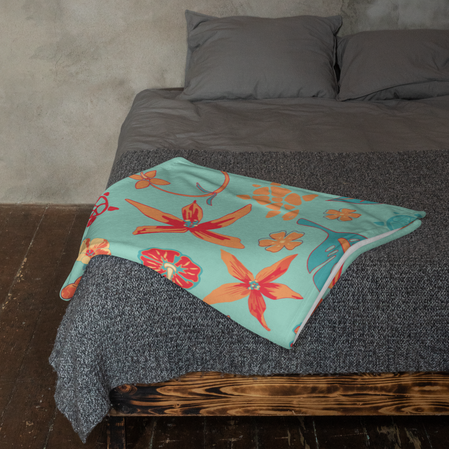 Teal and Orange Flowers and Turtles Throw Blanket