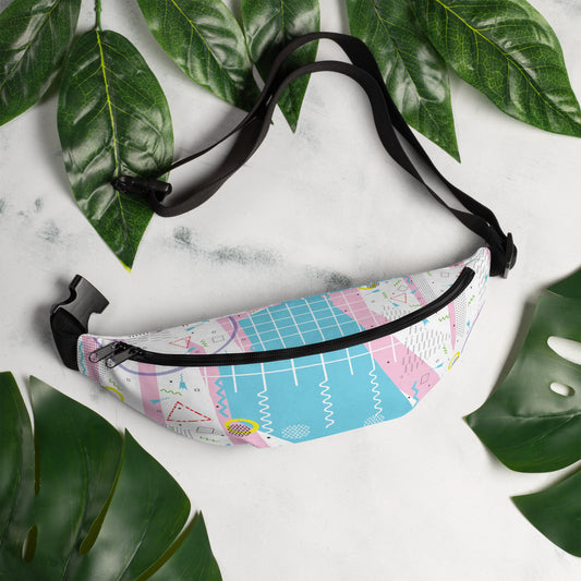 Fanny Pack - 1980 Retro Abstract Graphic Art - Gridded Pink Blue -