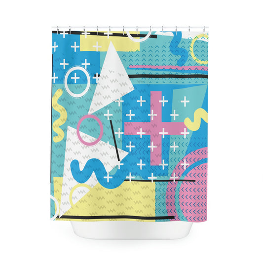 Polyester Shower Curtain Retro 1980s Abstract Geometric Design - Pink Plus Teal