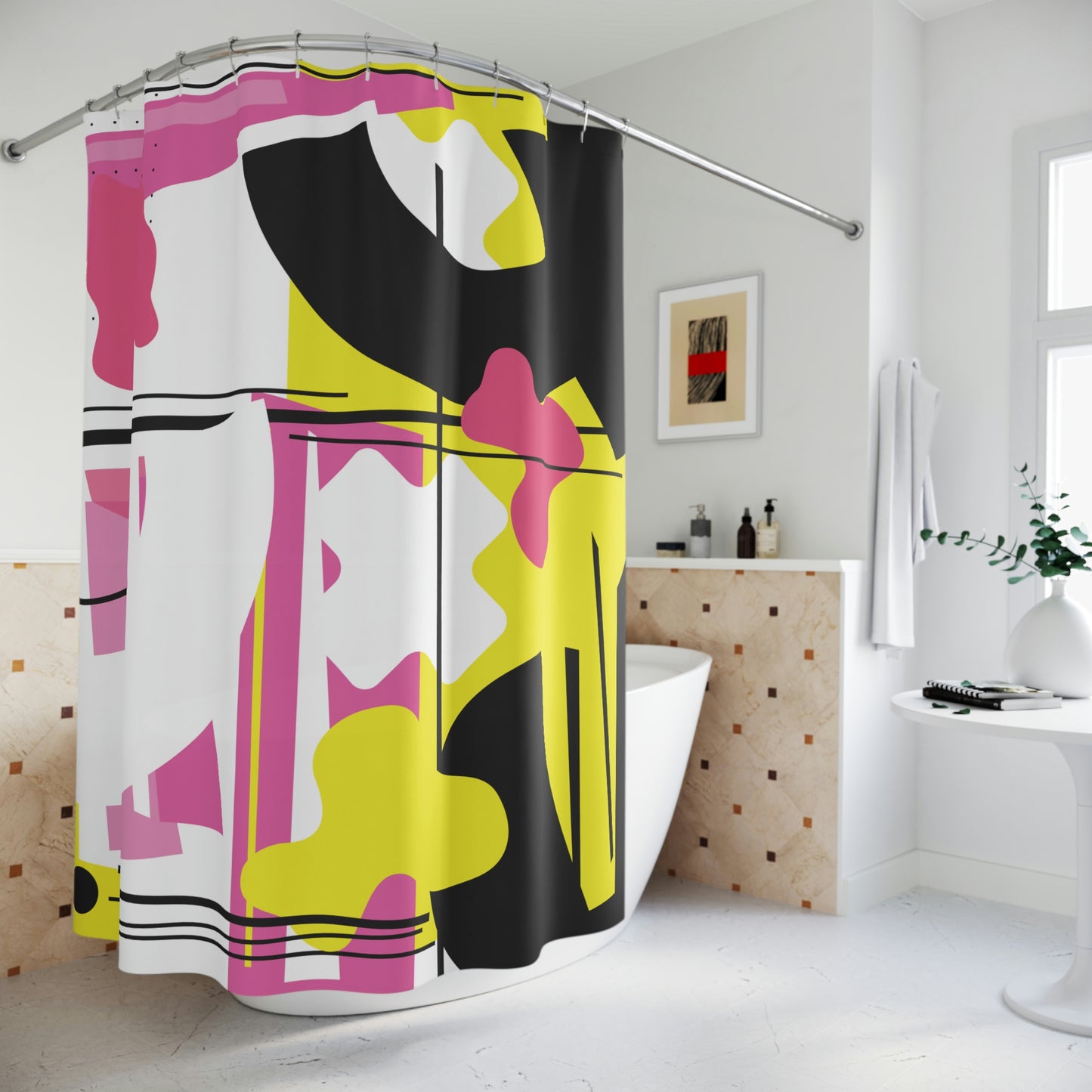 Polyester Shower Curtain Retro 1980s Abstract Geometric Design - Pink, Yellow, and Black