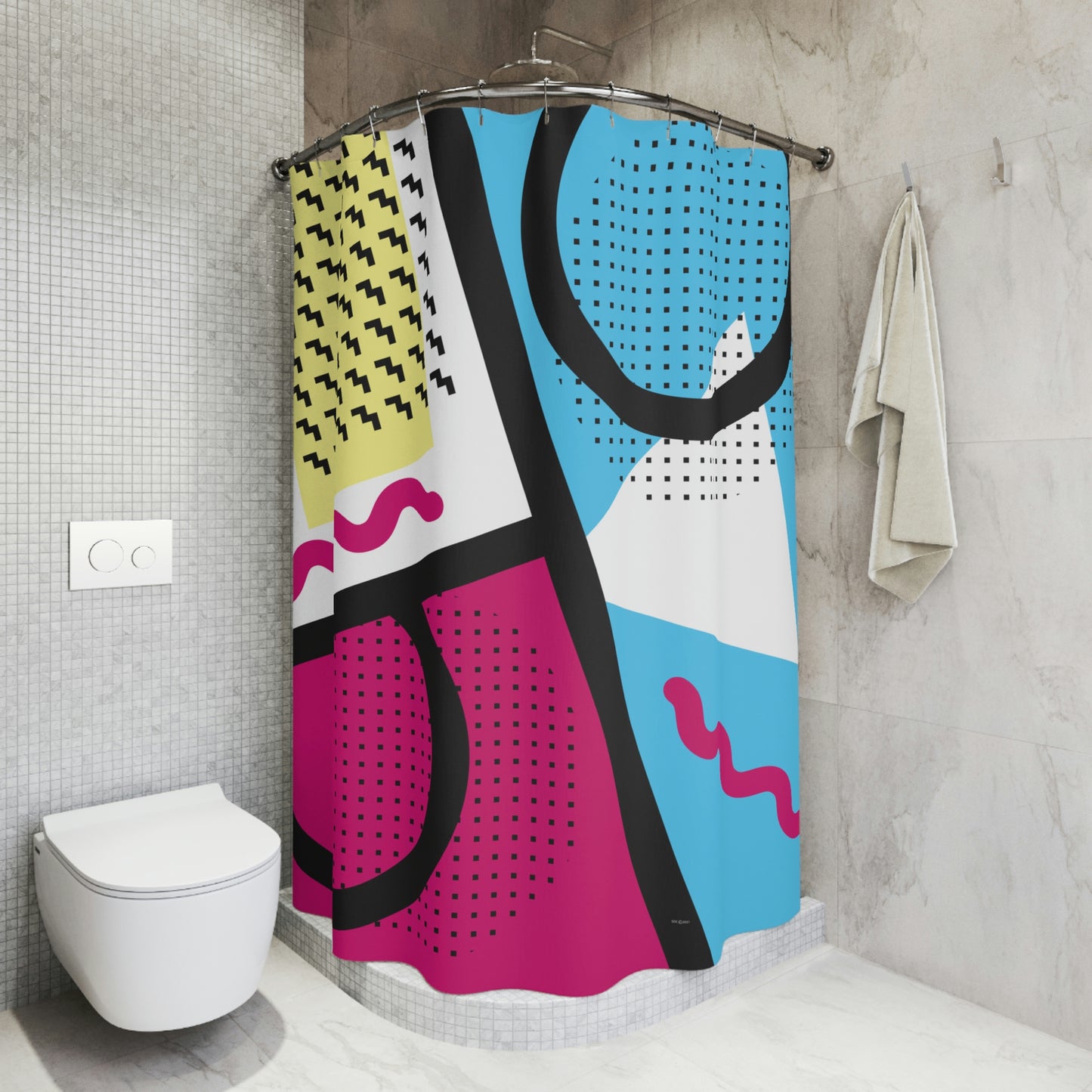 Polyester Shower Curtain Retro 1980s Abstract Geometric Design - Tick Tack Triangle