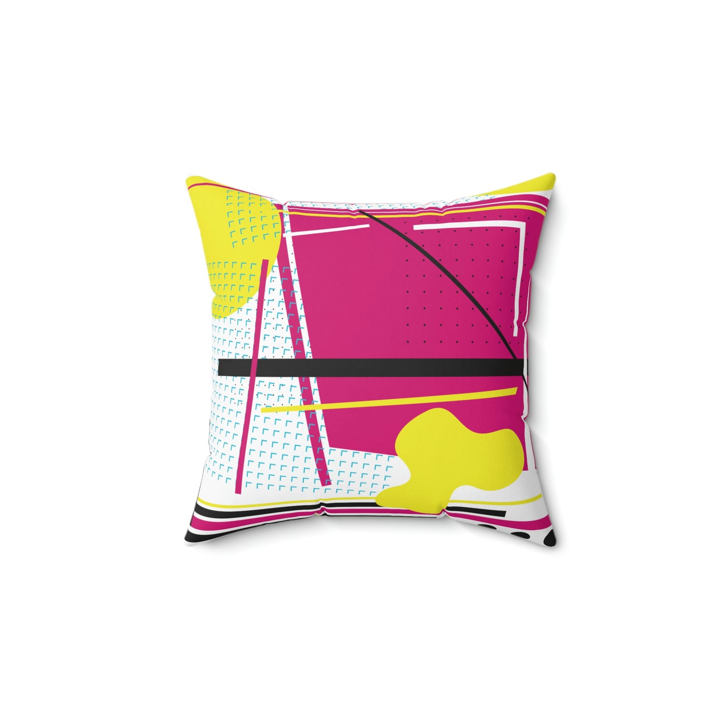 Hot Pink and Yellow 1980s Retro Abstract Design Polyester Square Pillow