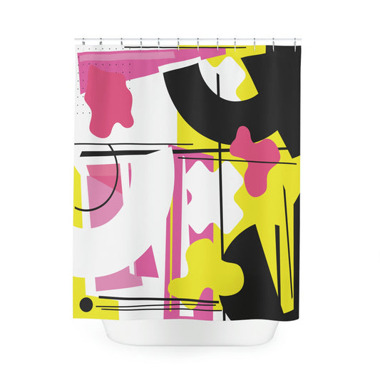 Polyester Shower Curtain Retro 1980s Abstract Geometric Design - Pink, Yellow, and Black