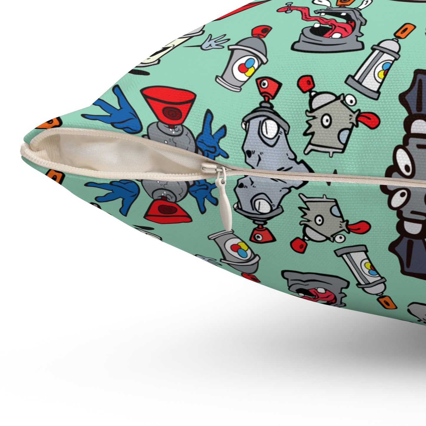 Spun Polyester Square Pillow  - Graffiti Cartoon Characters in Teal Color
