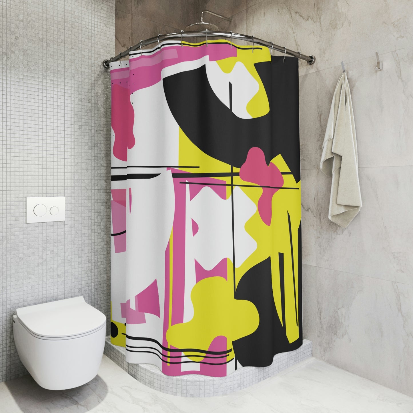 Polyester Shower Curtain Retro 1980s Abstract Geometric Design - Pink, Yellow, and Black