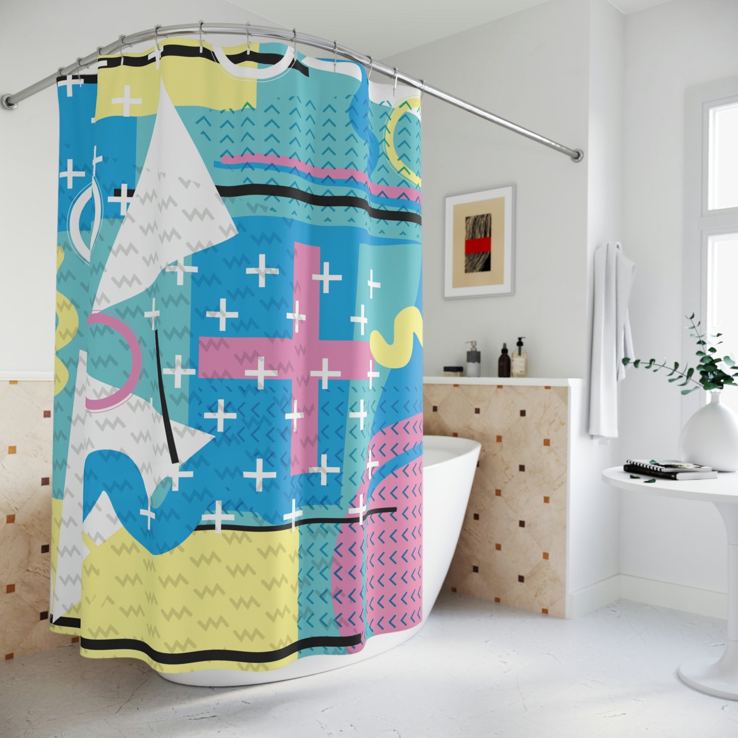 Polyester Shower Curtain Retro 1980s Abstract Geometric Design - Pink Plus Teal