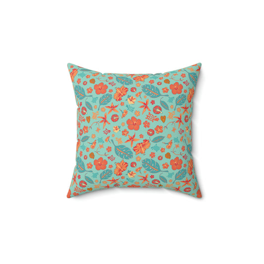 Spun Polyester Square Pillow  - Tropical Floral Print  -  Flowers and Turtles -