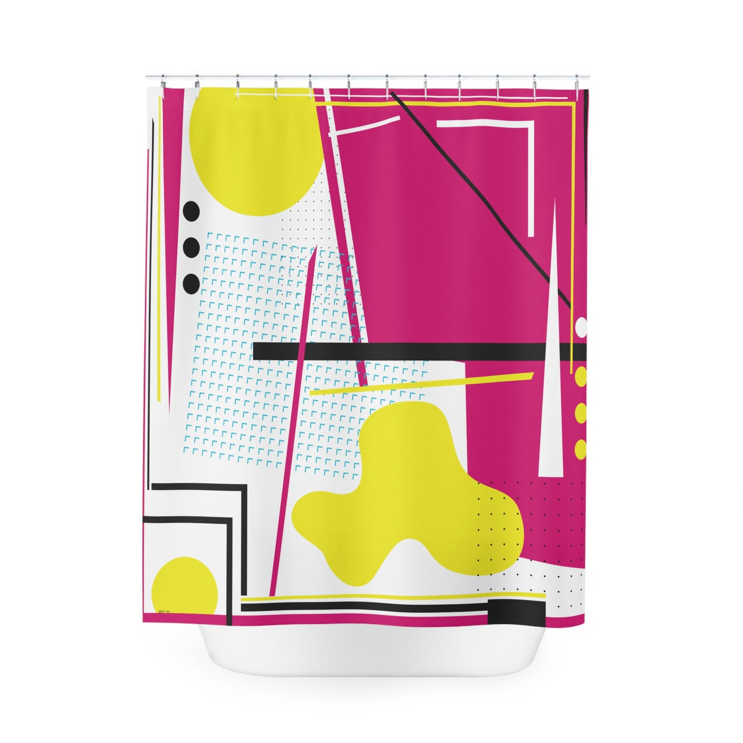 Polyester Shower Curtain Retro 1980s Abstract Geometric Design - Pink and Yellow