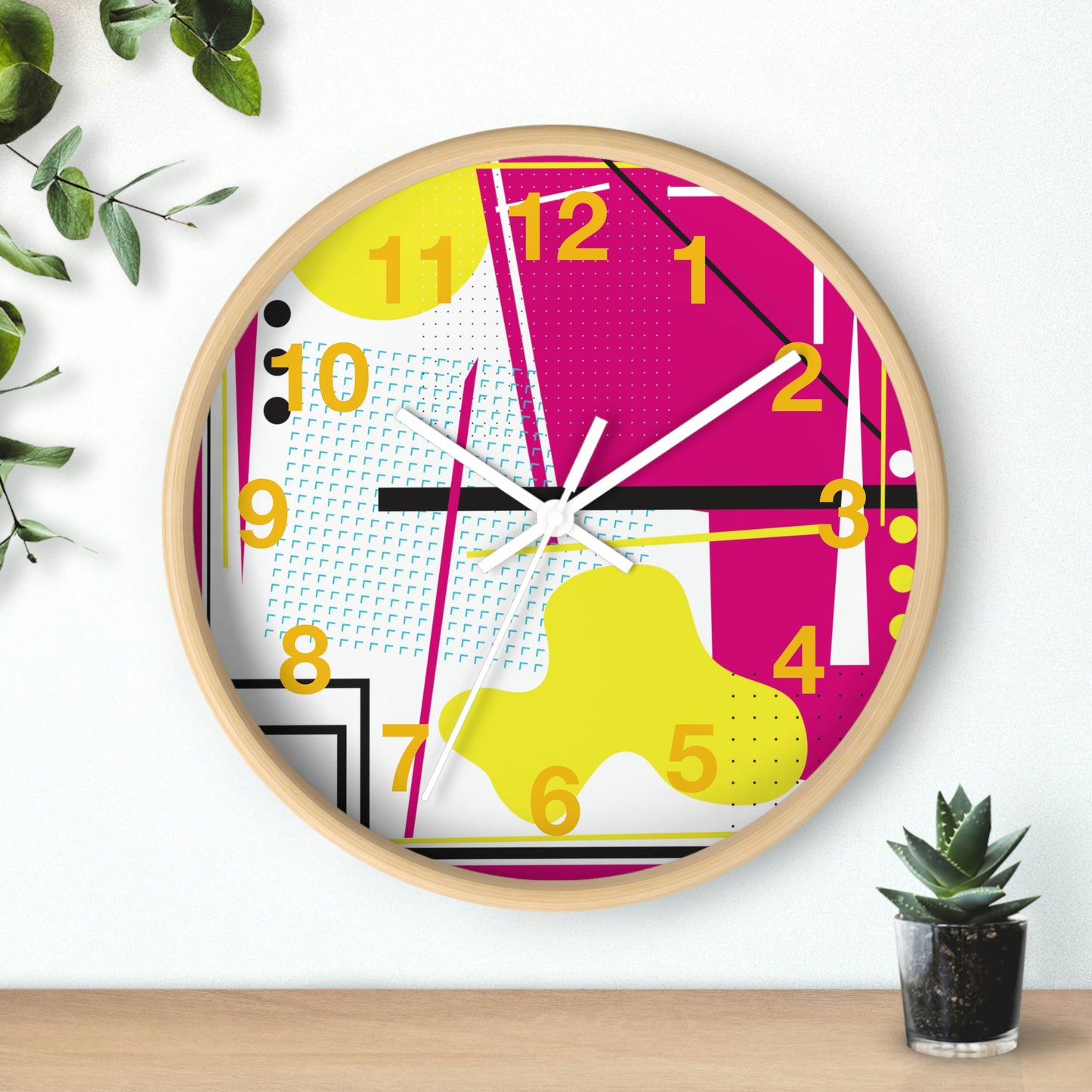 Hot Pink and Yellow Retro Inspired 1980s Wall Clock