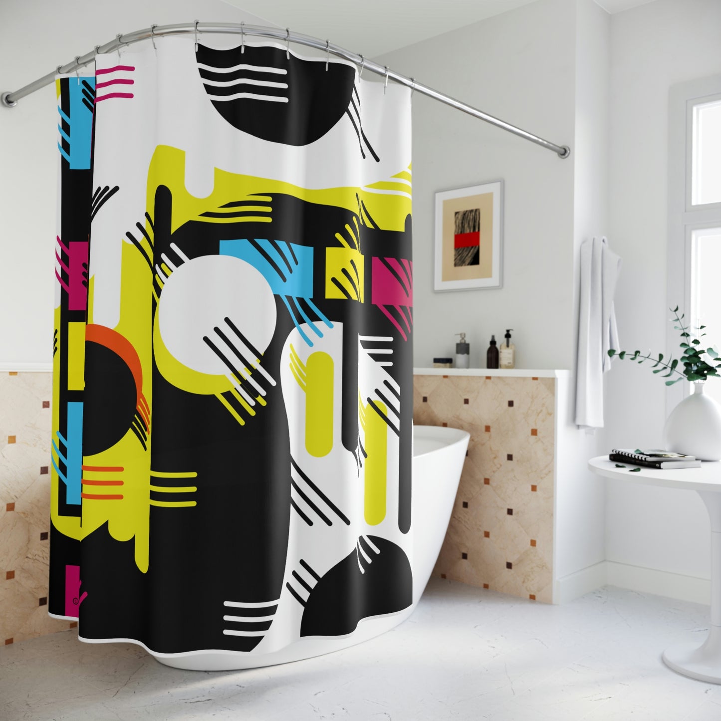 Polyester Shower Curtain Retro 1980s Abstract Geometric Design