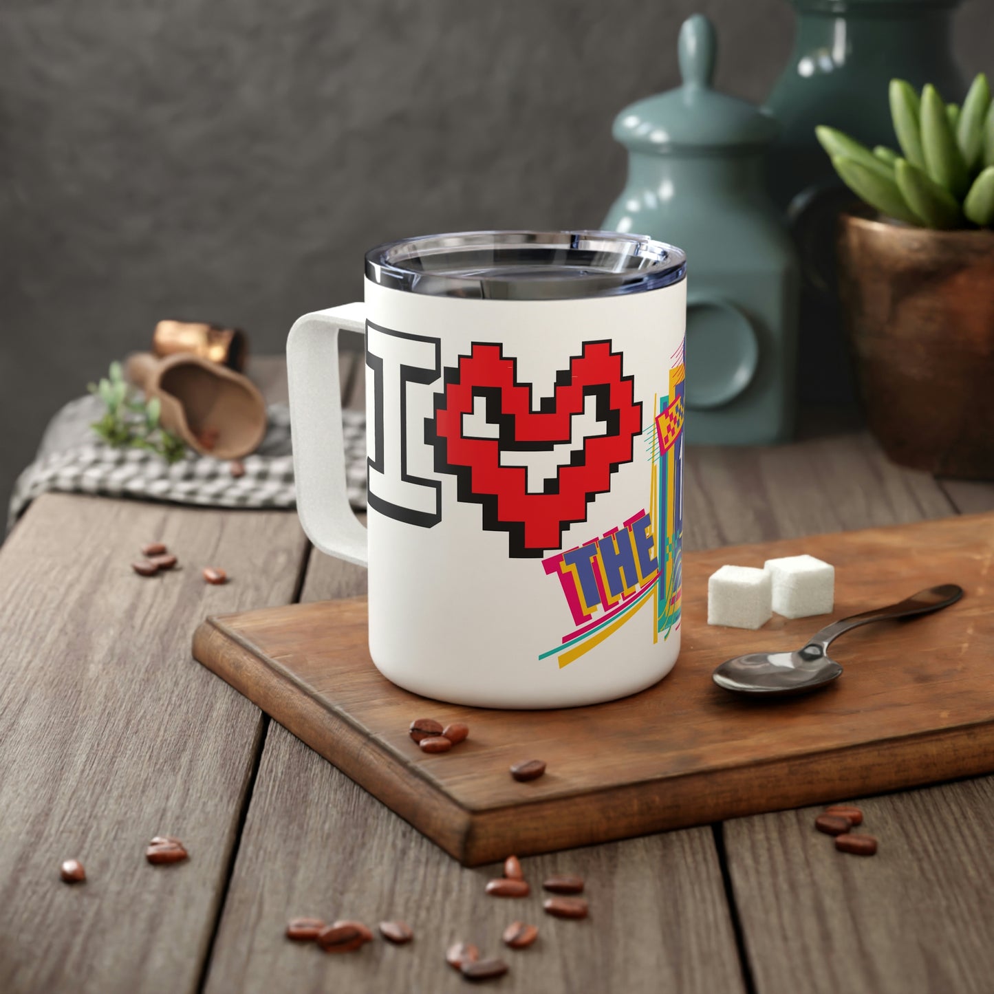 I Heart the 1980s Abstract Graphic Art Checkered Insulated Coffee Mug, 10oz