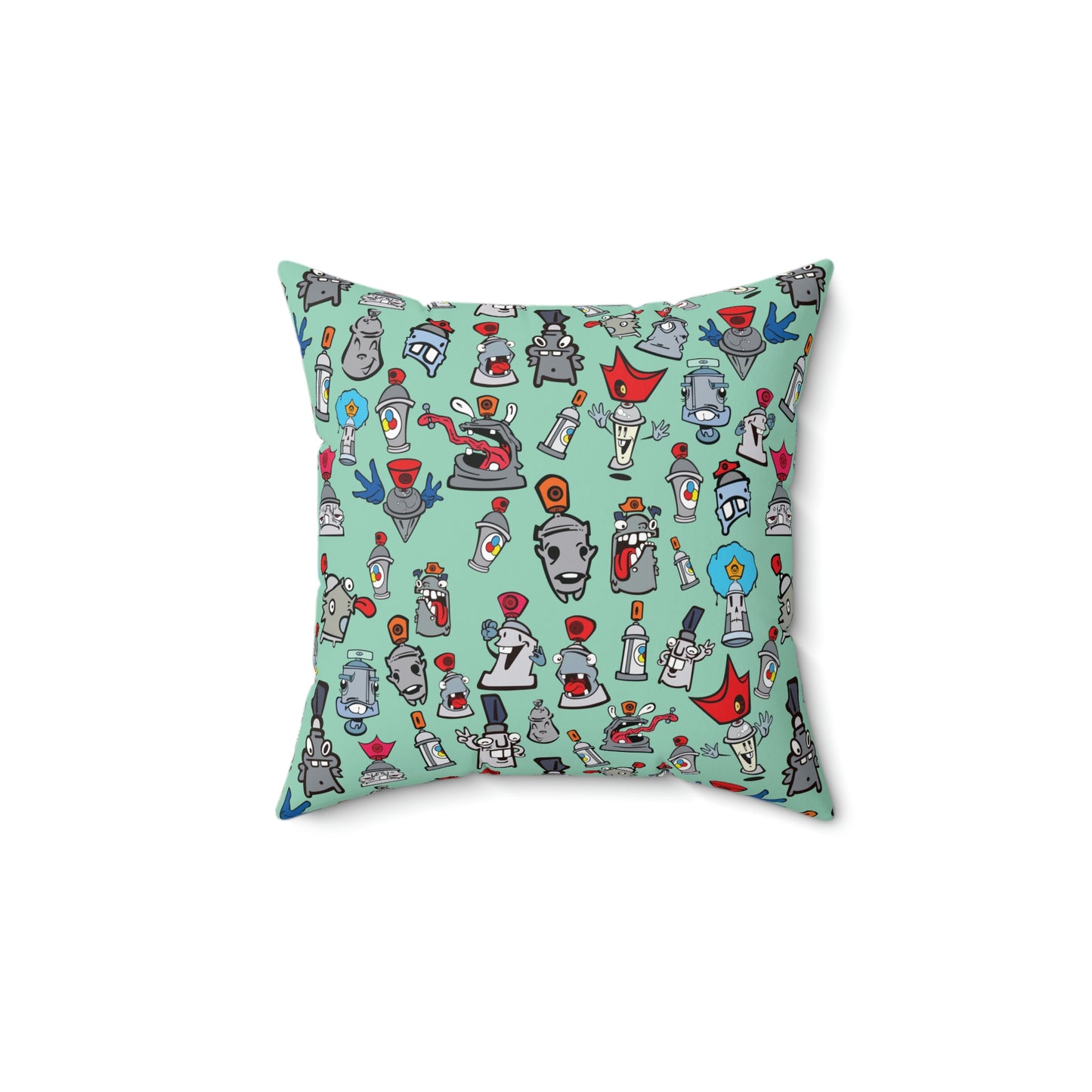 Spun Polyester Square Pillow  - Graffiti Cartoon Characters in Teal Color