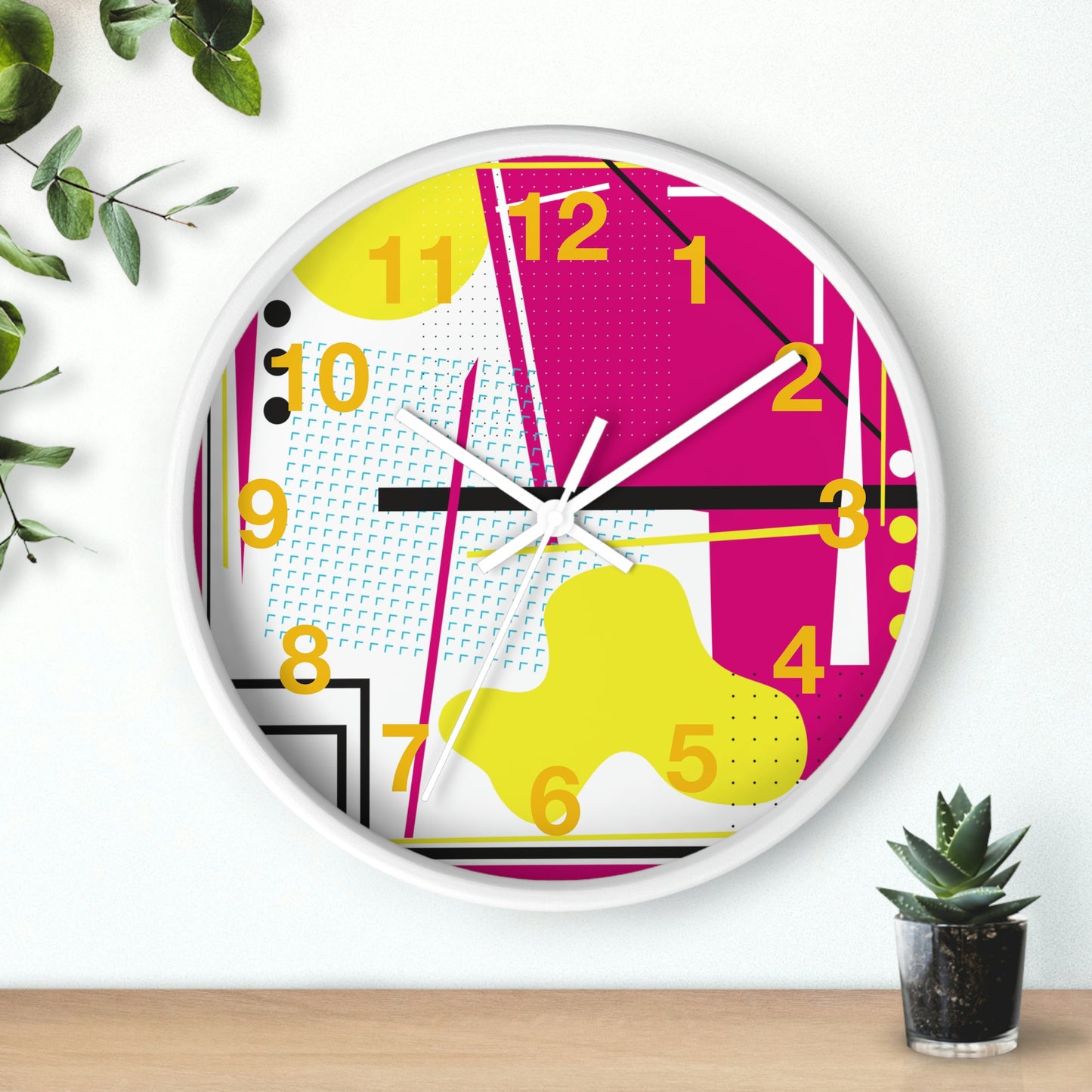 Hot Pink and Yellow Retro Inspired 1980s Wall Clock