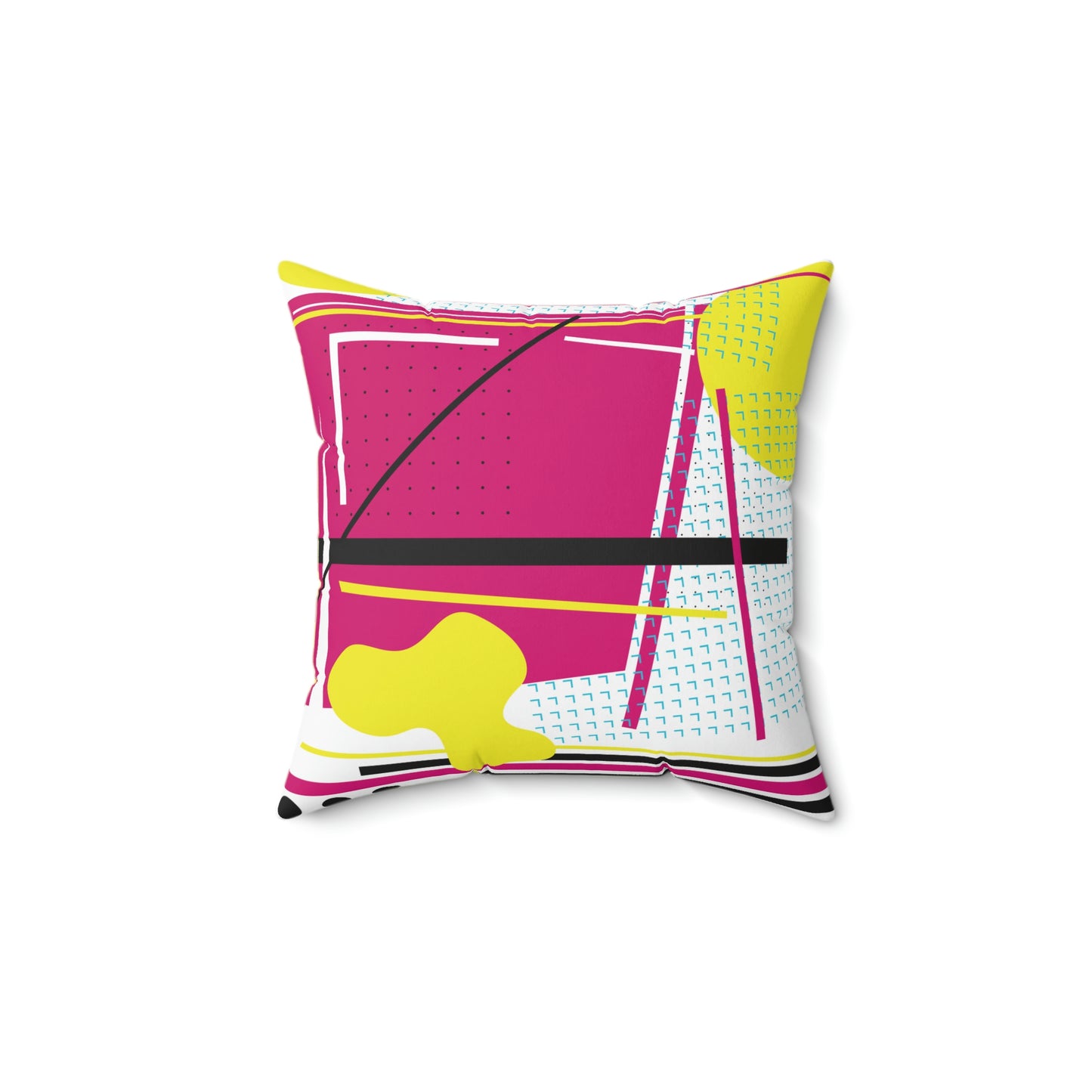 Hot Pink and Yellow 1980s Retro Abstract Design Polyester Square Pillow